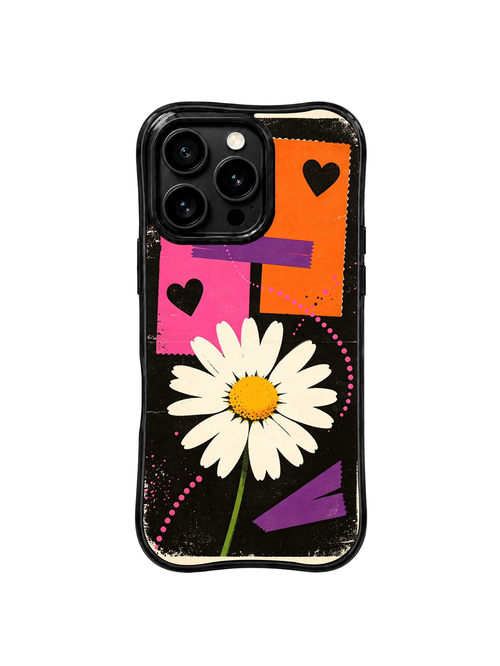 PhoneCasing iPhone 16 pro Case with organic uneven rough frayed torn paper hot pink & tangerine orange rectangular collages crisscrossed by thick brush-texture purple tape across scratched dark grain canvas, paired with oversized central cream daisy and tiny solid black heart silhouettes, Ruby Daze urban street collage illustration, tough premium phone casing.