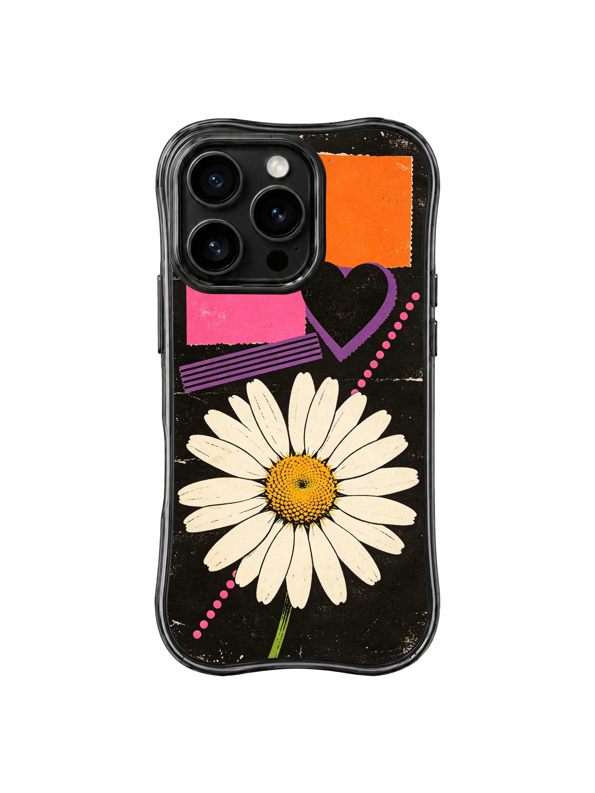 PhoneCasing iPhone 16 pro Case with faint uneven scuff scratch faded vintage street poster grain and worn print abrasion as layered urban mixed media texture details, exclusive Ruby Daze wearable wavy black frame bold floral street sketch art.