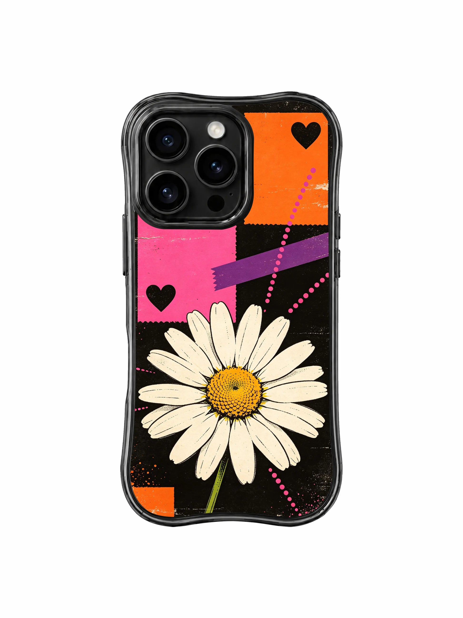 PhoneCasing iPhone 16 pro Case with full-coverage balanced heavily scratched grain black layout hero oversized cream daisy rough torn pink-orange block cross purple tape solid black heart curved pink dotted trail design delivering unapologetic upbeat street mood without oversimplified childish cuteness, Ruby Daze free-spirited confident design, slim lightweight wavy premium case.