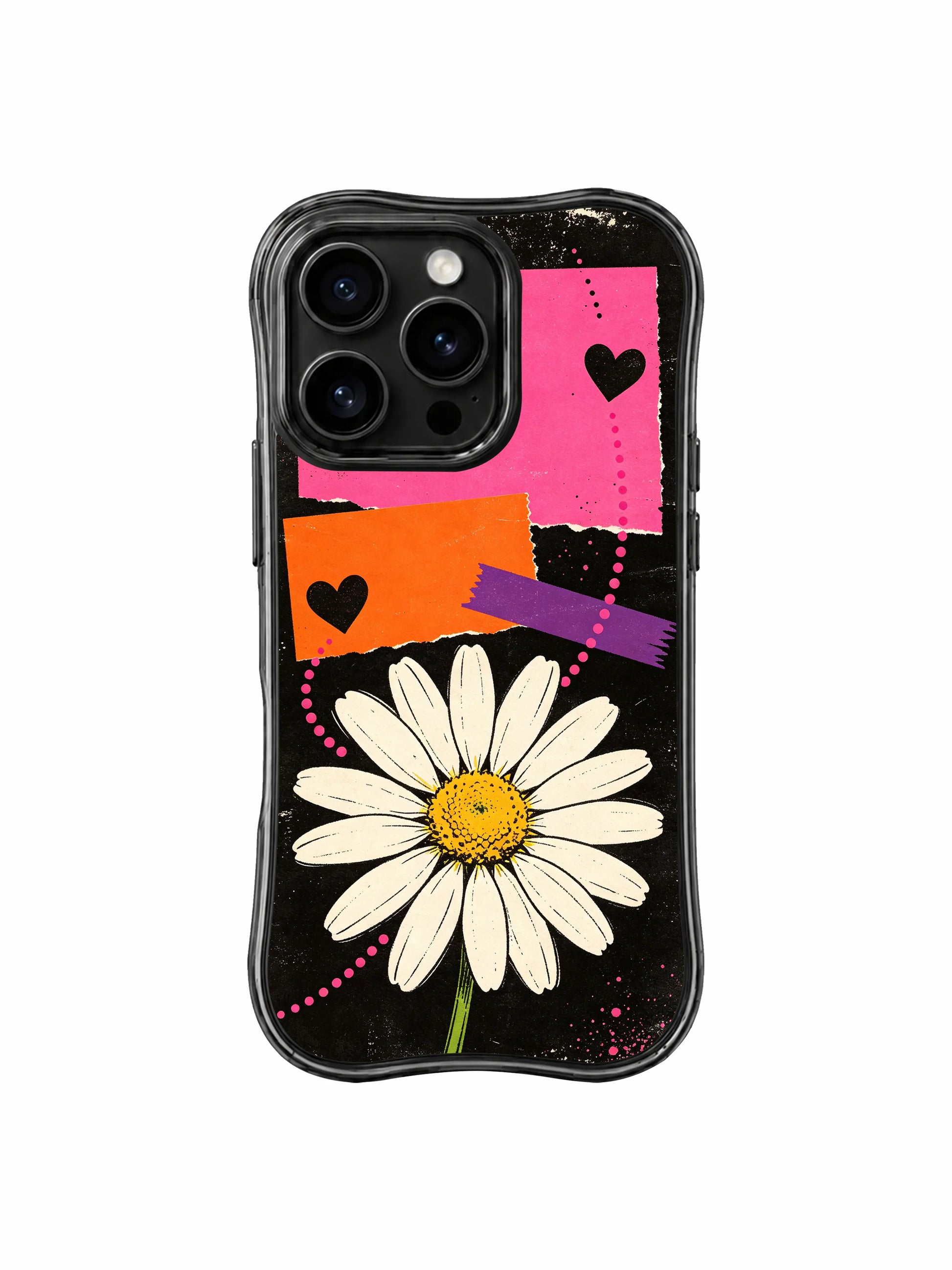 PhoneCasing iPhone 16 pro Case featuring weathered vintage city street poster scratch grain dark grunge backdrop layered giant block-print cream daisy focal bloom, rough frayed torn pink/orange paper rectangles, thick textured purple painter tape and solid black heart pink dotted trails from Ruby Daze White Daisy Street Poster, wavy black frame premium art casing for iPhone 16 pro.