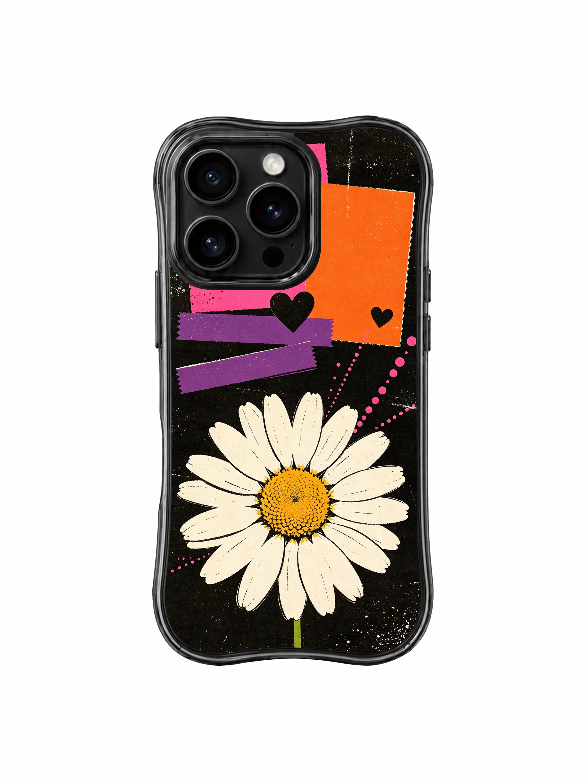 PhoneCasing iPhone 16 pro Case with large bold central block-print off-white daisy bloom and compact solid black heart cutouts plus curved arching pink dotted signal trails adding playful romantic detail to gritty torn-paper street collage black backdrop, Ruby Daze confident bold pop floral art, scratch resistant wavy casing.