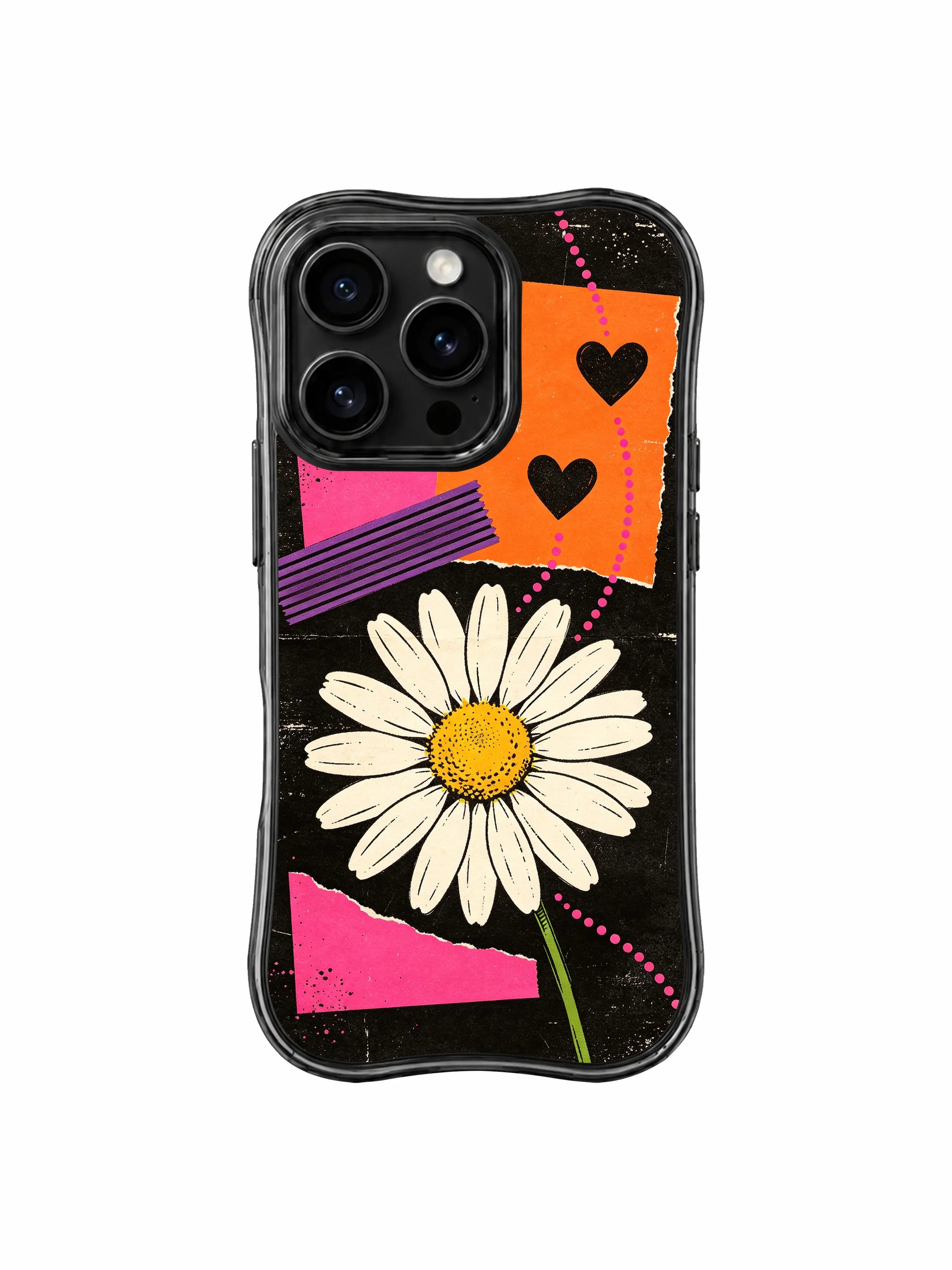 PhoneCasing iPhone 16 pro Case with organic uneven rough frayed torn paper hot pink & tangerine orange rectangular collages crisscrossed by thick brush-texture purple tape across scratched dark grain canvas, paired with oversized central cream daisy and tiny solid black heart silhouettes, Ruby Daze urban street collage illustration, tough premium phone casing.