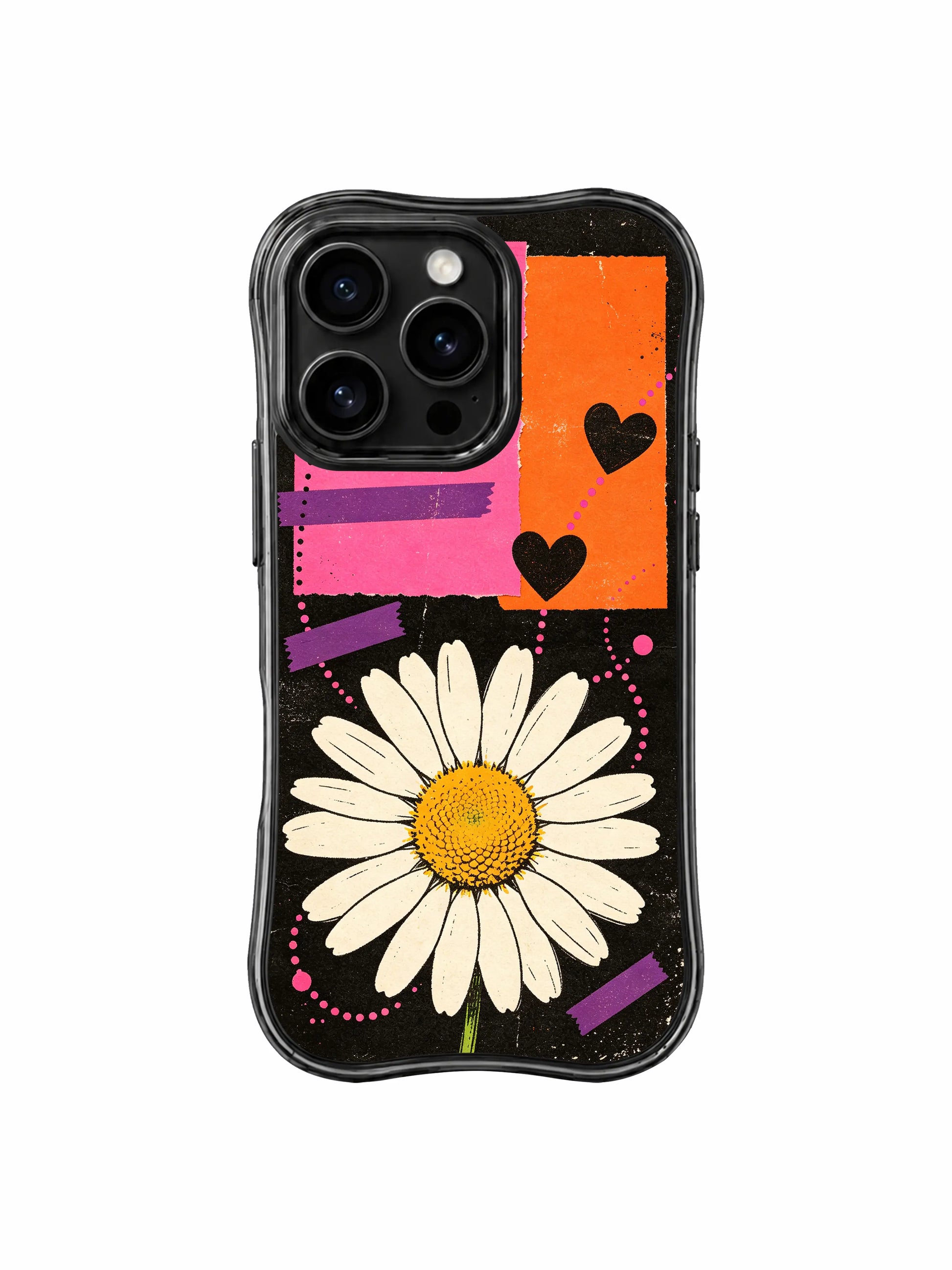 PhoneCasing iPhone 16 pro Case with scattered compact solid black heart cutouts nestled between crisscross thick purple painter tape, rough torn pink-orange paper blocks and the central giant cream daisy bloom on scratched grunge black backdrop, playful confident Ruby Daze White Daisy Street Poster urban floral design, stylish women’s phone casing.