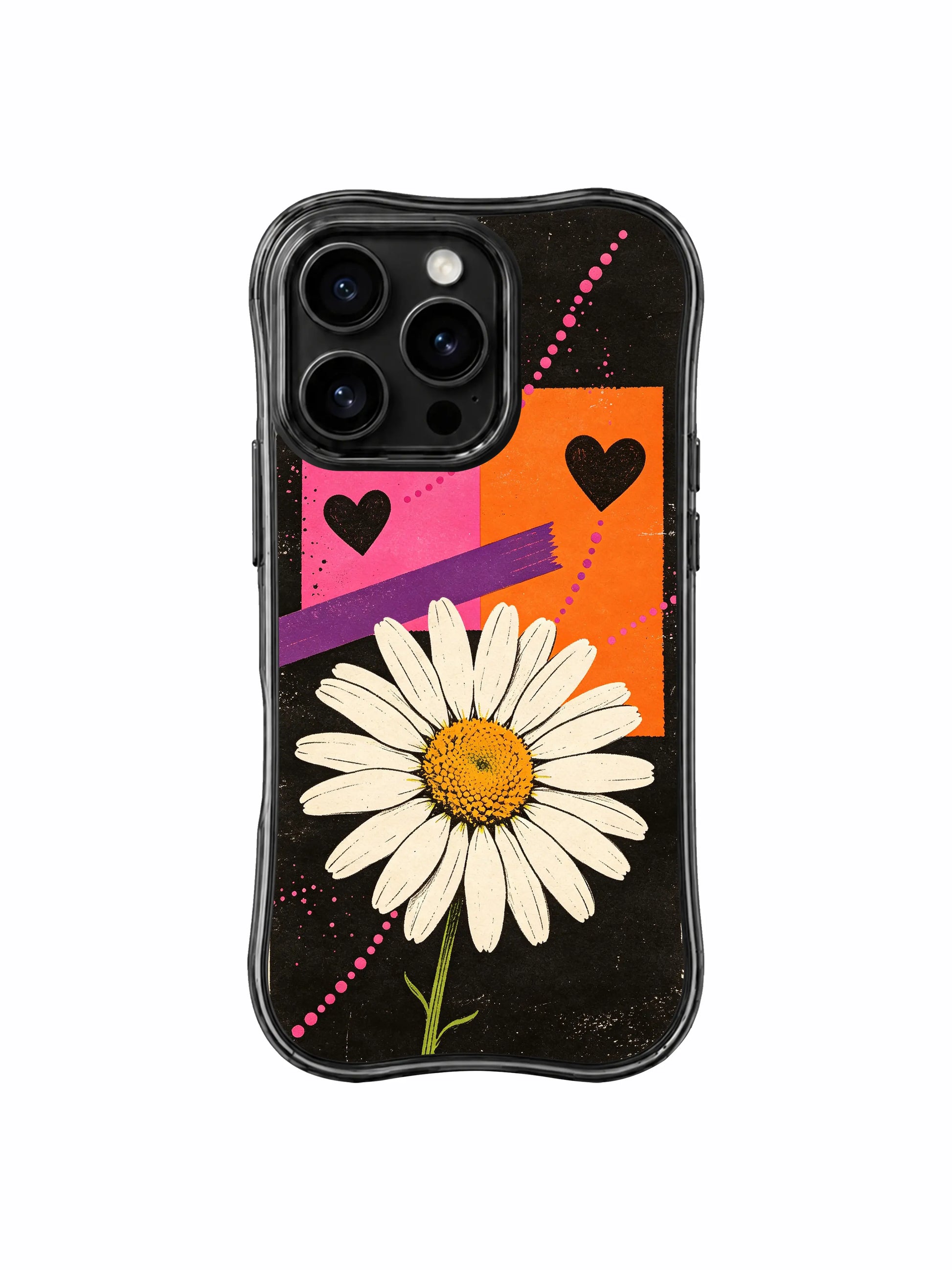 PhoneCasing iPhone 16 pro Case with imperfect organic thick rough block-print outlines for oversized central cream daisy petals adding soft floral counterbalance to gritty worn torn-paper scratch grain street collage texture, Ruby Daze handmade urban pop art, gallery grade wavy print casing.