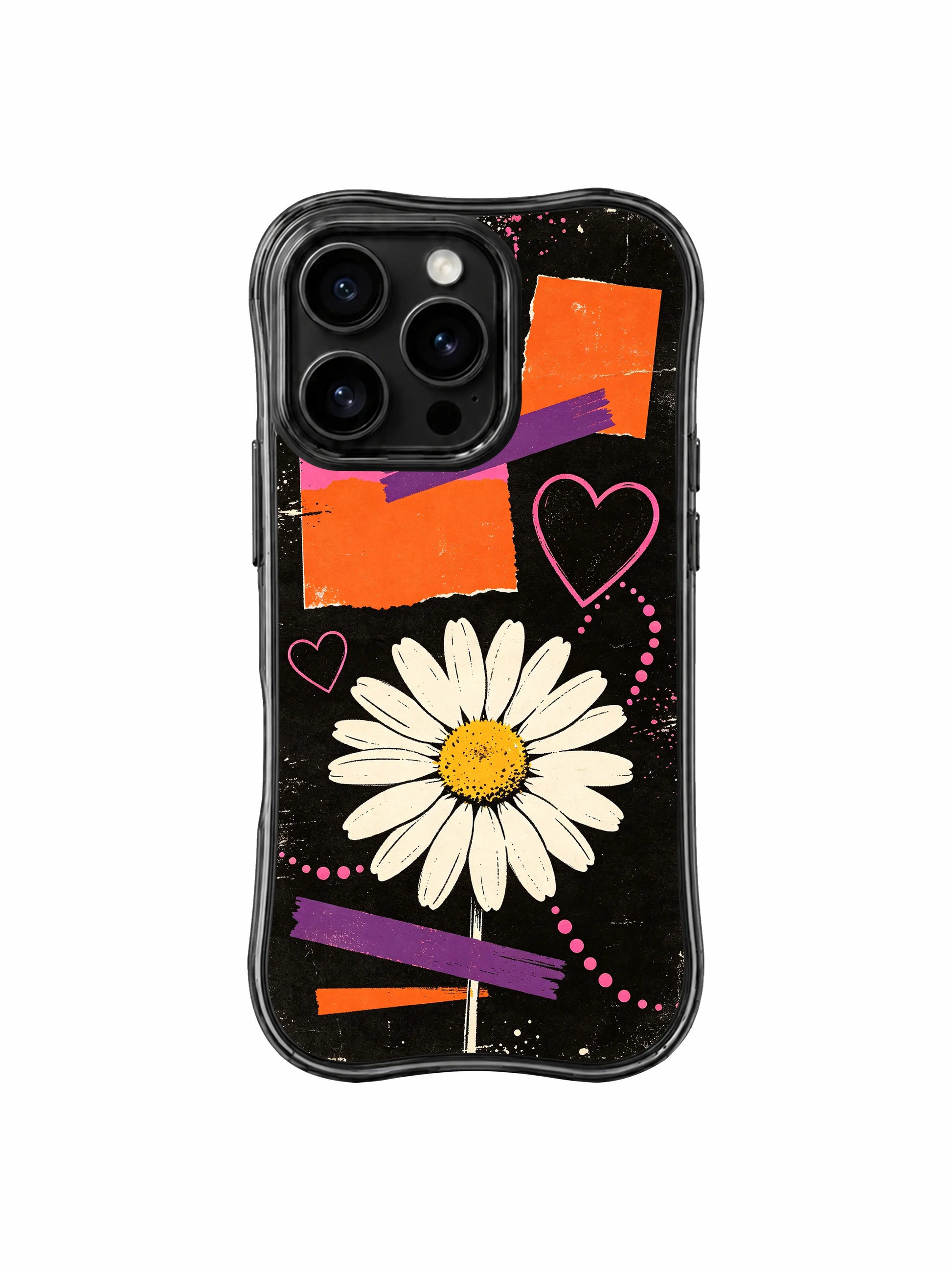 PhoneCasing iPhone 16 pro Case themed on bold unwavering self-assurance, unfiltered casual cheer and radical freedom from rigid limits with scratched grain street collage giant daisy torn paper purple tape heart dot trail graphics, Ruby Daze Daisy Love Riot printed wavy art casing.