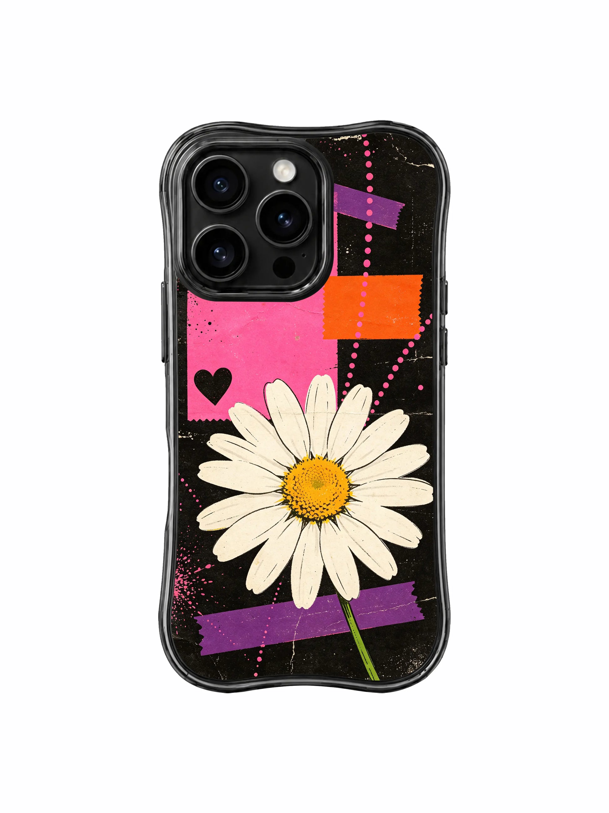 PhoneCasing iPhone 16 pro Case with worn urban street wall vintage collage mixed media poster composition built on heavily scratched matte black grain base oversized statement cream daisy torn pink-orange paper purple tape solid black heart dotted trail silhouettes, exclusive Ruby Daze artist collab heavy-duty protective art case.