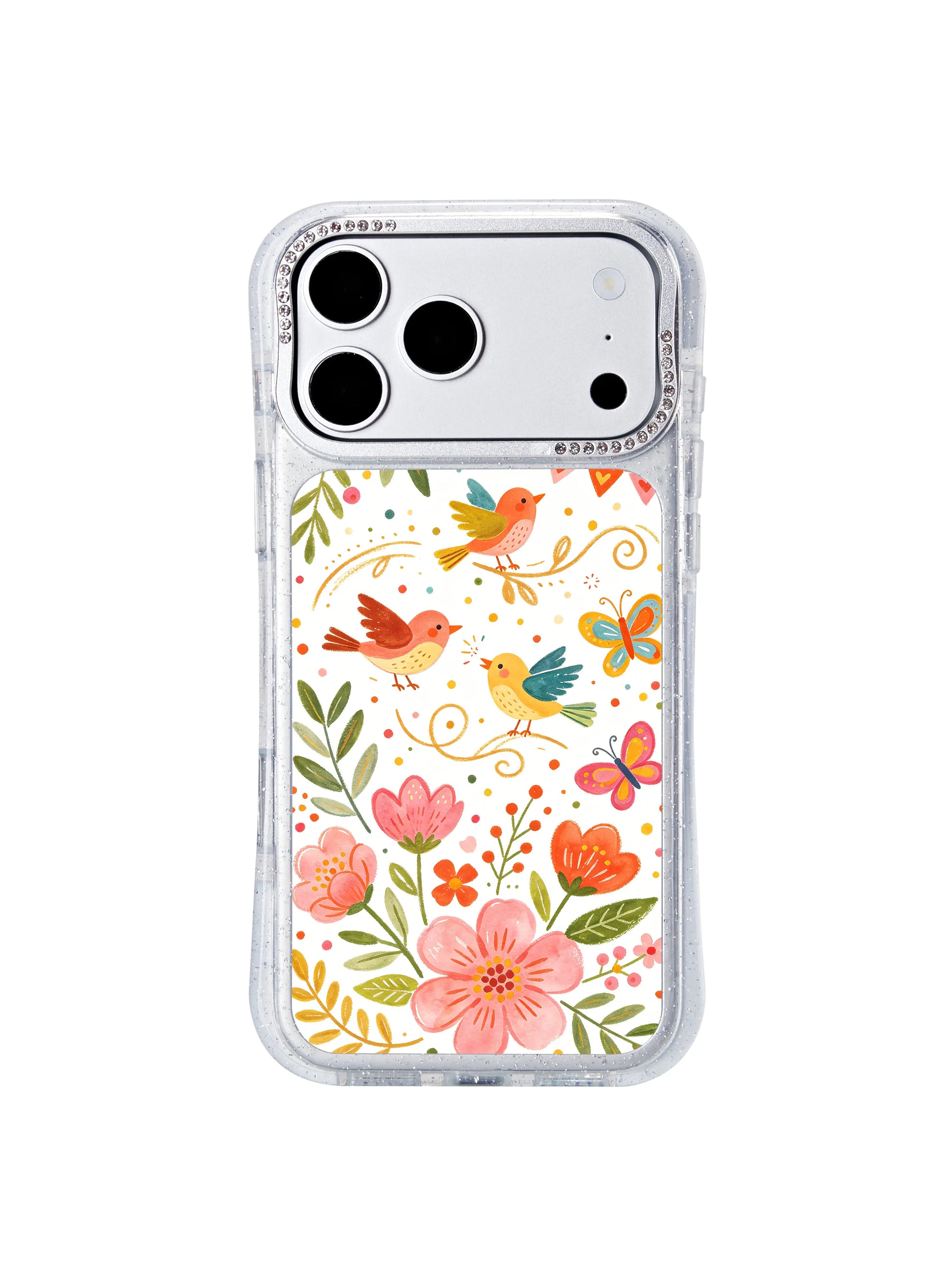 PhoneCasing official Aurelia Finch artist collab iphone 17 pro Max casing featuring White Garden Celebration folk watercolor art, confetti dot accents, singing songbirds, colorful dancing butterflies, soft peach coral blooms and tiny heart party motifs for joyful cottagecore daily style.