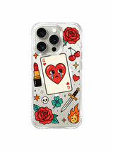 PhoneCasing iPhone 15 pro Case wide-format centered queen heart, spread-out rose cluster and asymmetrical flame, anti-slip transparent protective art iPhone 15 pro casing.