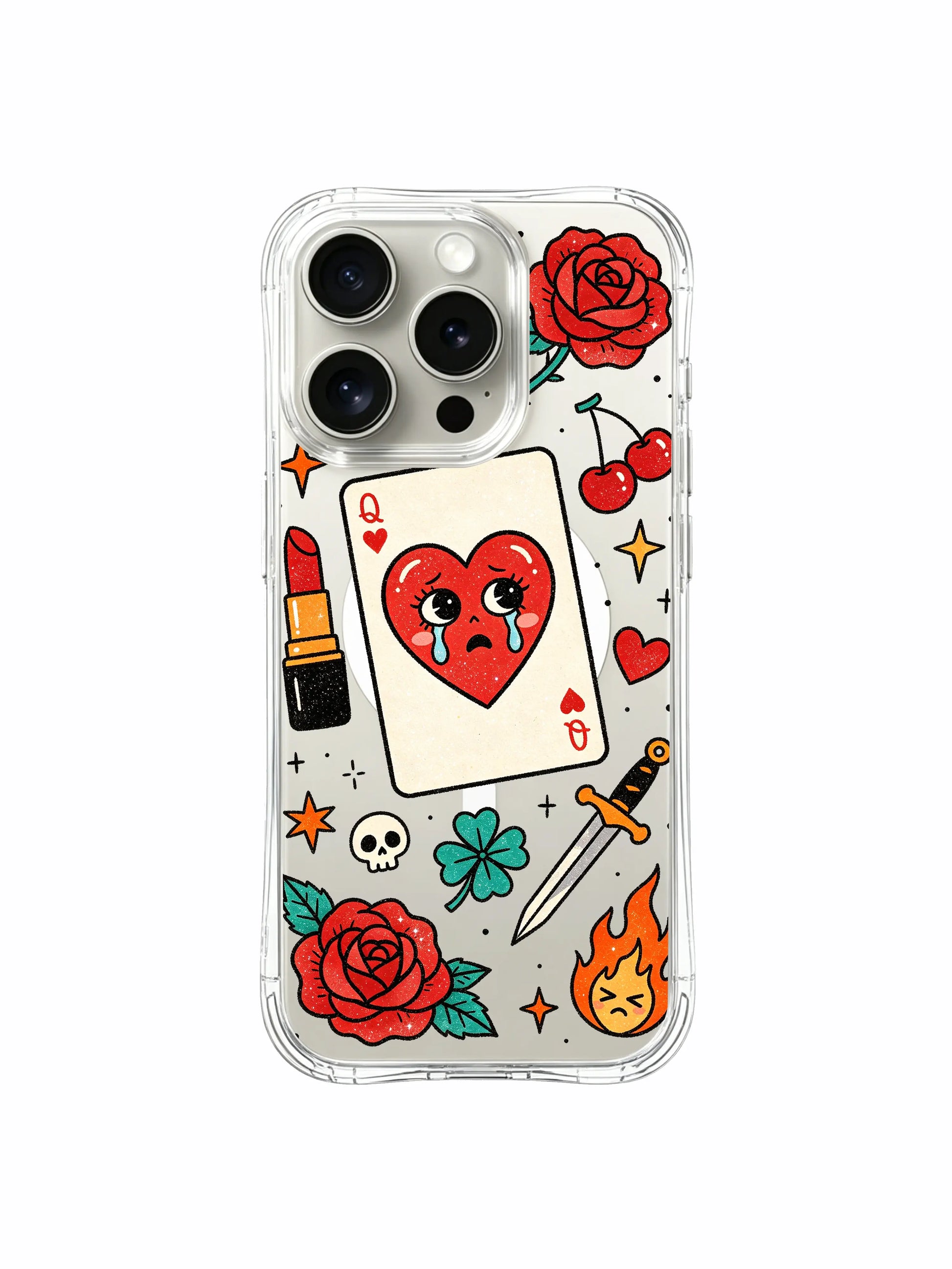 PhoneCasing iPhone 15 pro Case wide-format centered queen heart, spread-out rose cluster and asymmetrical flame, anti-slip transparent protective art iPhone 15 pro casing.