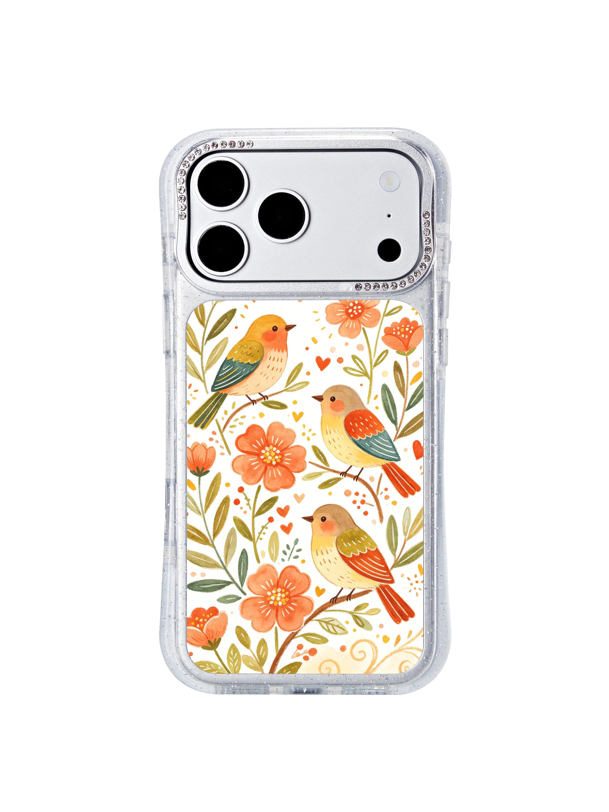 PhoneCasing warm uplifting iphone 17 pro Max casing with Aurelia Finch’s Garden Freedom Chime illustration, ascending confetti dots and soaring birds embodying inner courage, growth and unrestrained freedom.