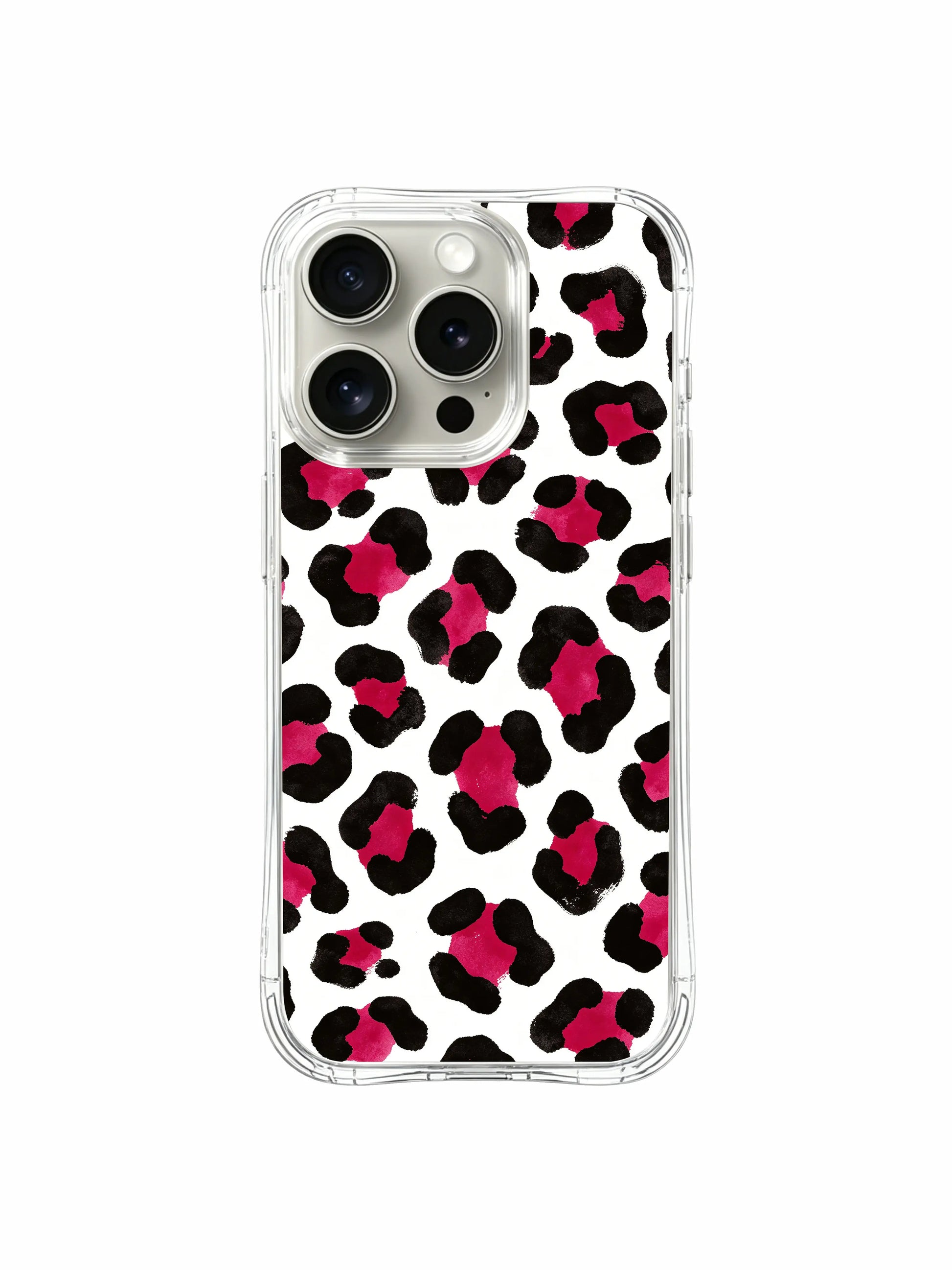 Complete full front overview of PhoneCasing signature Wild Heart Safari Berry Wild White leopard iPhone 14 Pro Case, exclusive bold unreserved minimalist statement print crafted with premium California printing standards