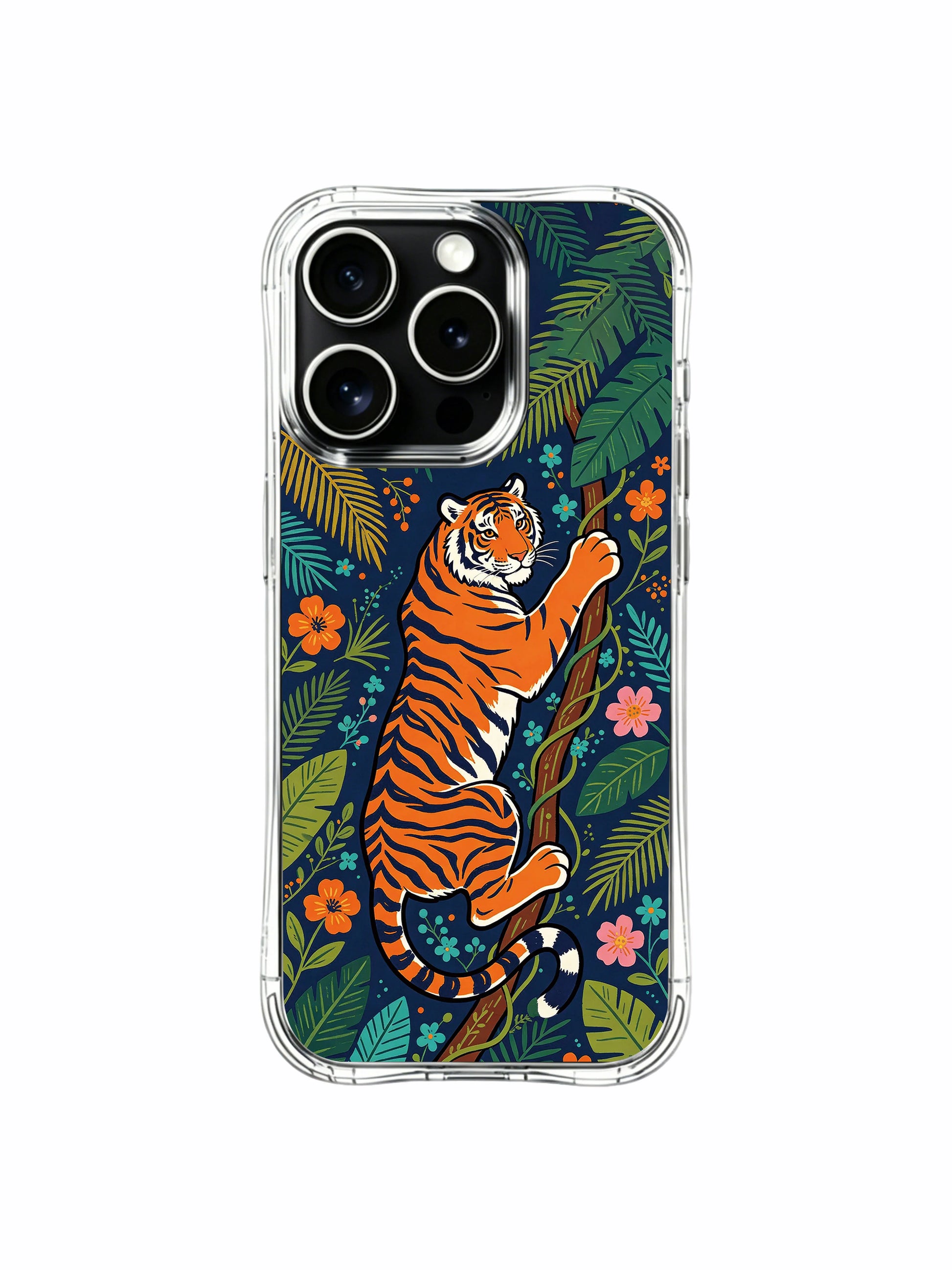Wild hibiscus and monstera leaf surrounding climbing tiger iPhone 13 pro Case from PhoneCasing, durable everyday iPhone 13 pro casing, vivid tropical jungle printed phone cover for iPhone 13 Pro.