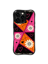 PhoneCasing iPhone 16 pro Case with uneven torn-paper orange pink map patch segments split by black dotted dash road markers, Ruby Daze vintage travel collage illustration, tough premium phone casing.