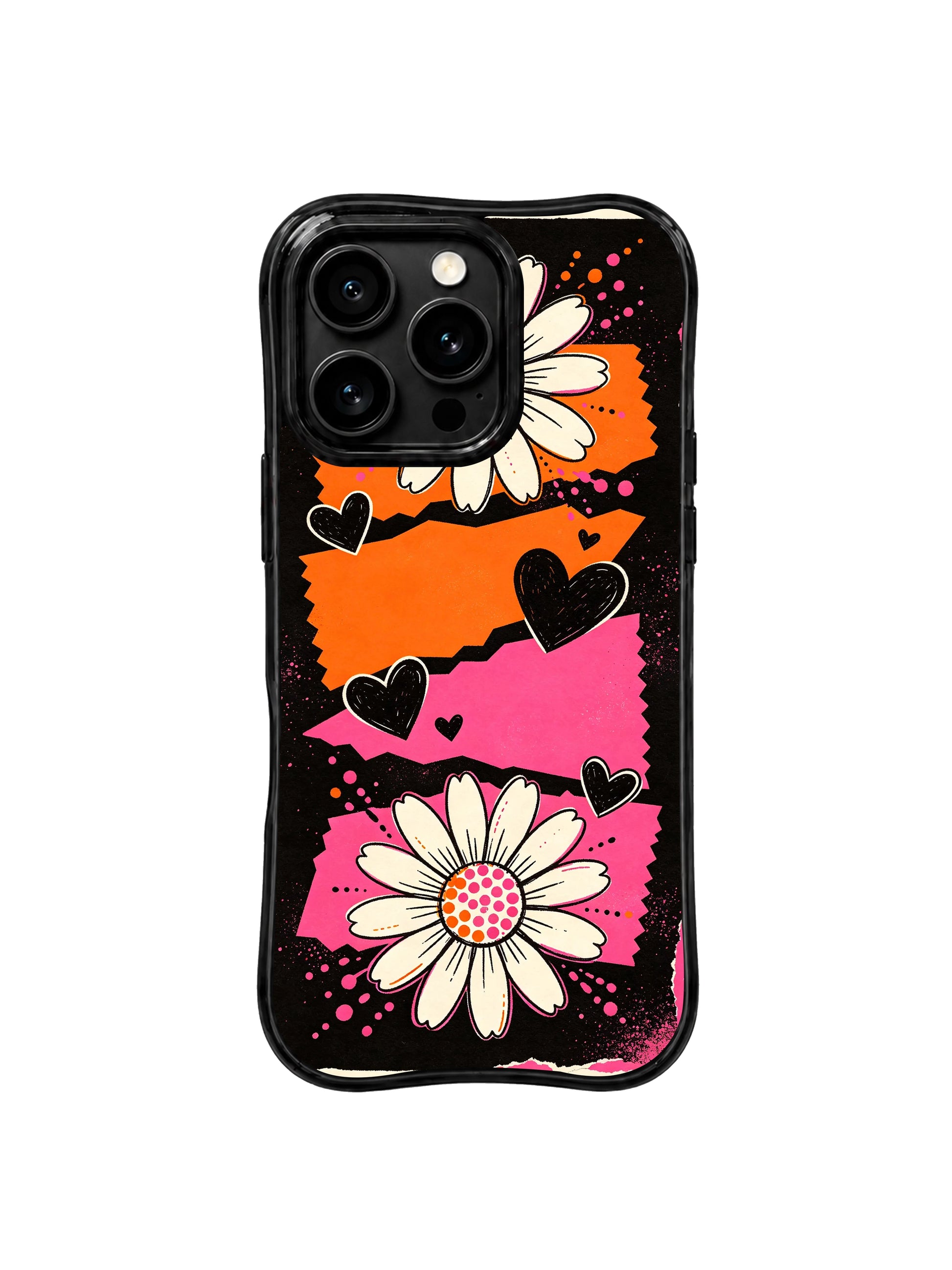 PhoneCasing iPhone 16 pro Case with tiny solid black hand-drawn heart doodles scattered across orange pink map patches, whimsical Ruby Daze Wild Orange Daisy Map floral design, stylish women’s phone casing.