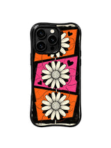 PhoneCasing iPhone 16 pro Case featuring cream daisy travel destinations placed along black dotted map routes on orange pink geographic blocks from Ruby Daze Wild Orange Daisy Map, wavy black frame premium art casing for iPhone 16 pro.