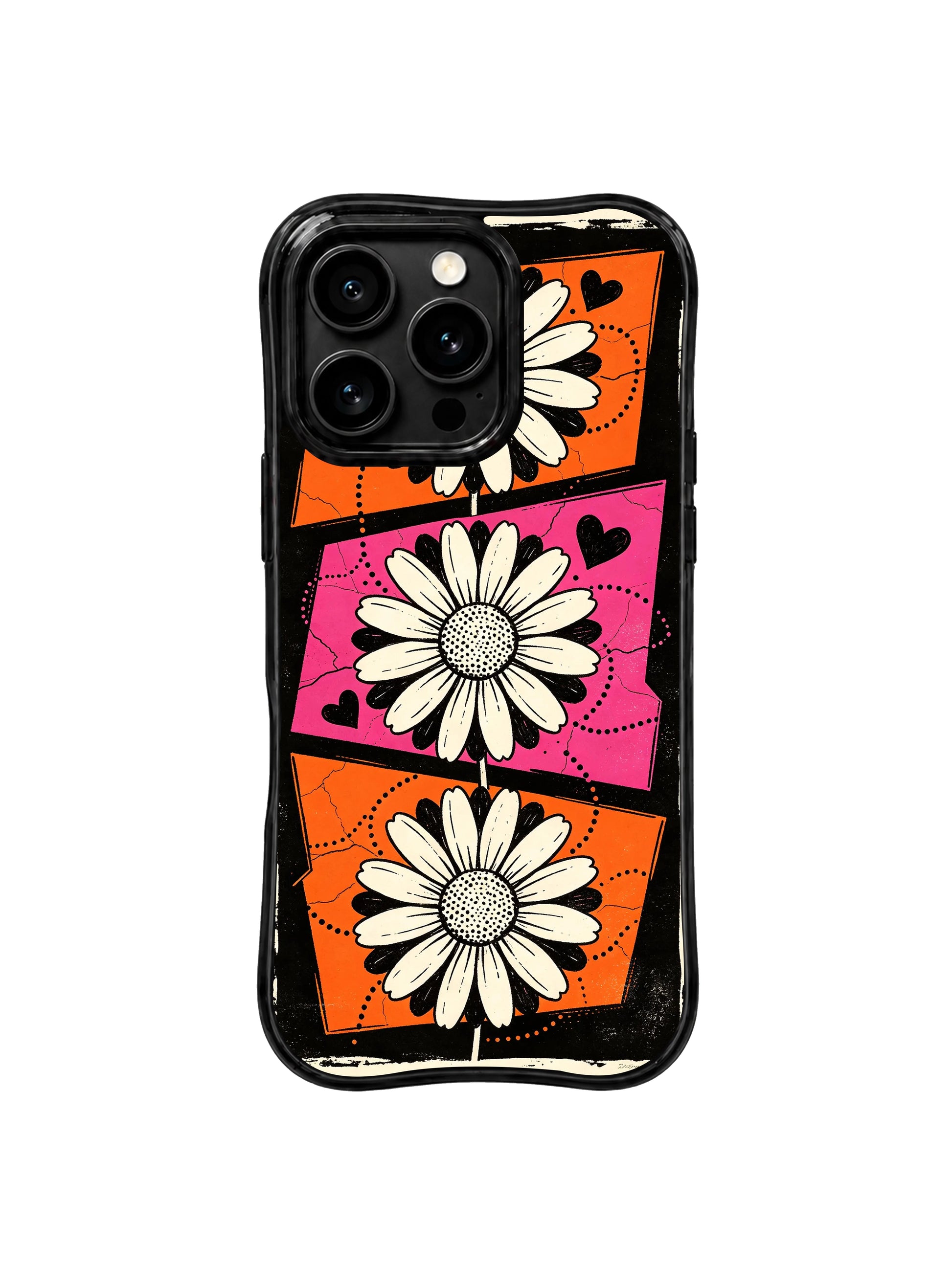 PhoneCasing iPhone 16 pro Case featuring cream daisy travel destinations placed along black dotted map routes on orange pink geographic blocks from Ruby Daze Wild Orange Daisy Map, wavy black frame premium art casing for iPhone 16 pro.