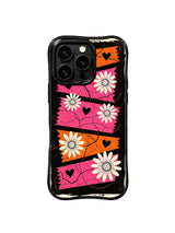 PhoneCasing iPhone 16 pro Case with rough organic torn paper sketch borders around orange pink geographic map fragments, Ruby Daze UV-printed vintage travel pop art, gallery grade wavy print casing.