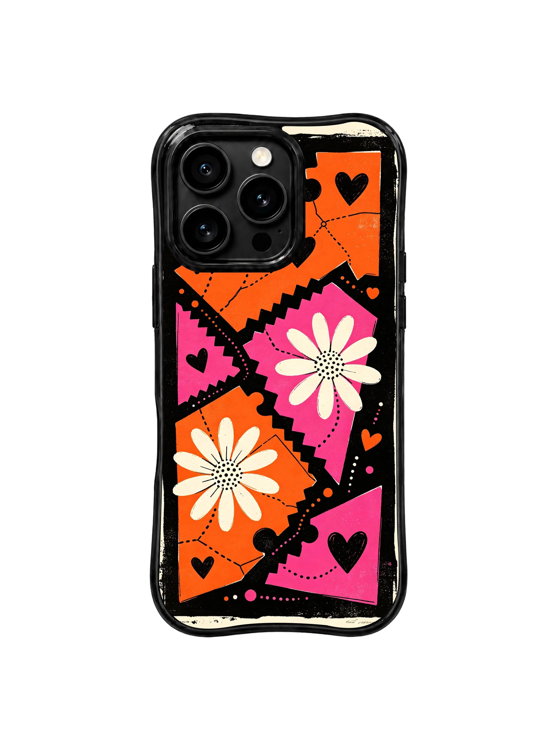 PhoneCasing iPhone 16 pro Case combining soft warm romantic floral charm and rugged vintage travel map graphic texture, Ruby Daze Wild Orange Daisy Map signature pop print, premium wearable wavy black floral casing.
