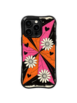PhoneCasing iPhone 16 pro Case themed on unrestrained wanderlust, cheerful forward journeys and world travel with love, with geographic map daisy dotted route graphics, Ruby Daze Daisy Love Riot printed wavy art casing.