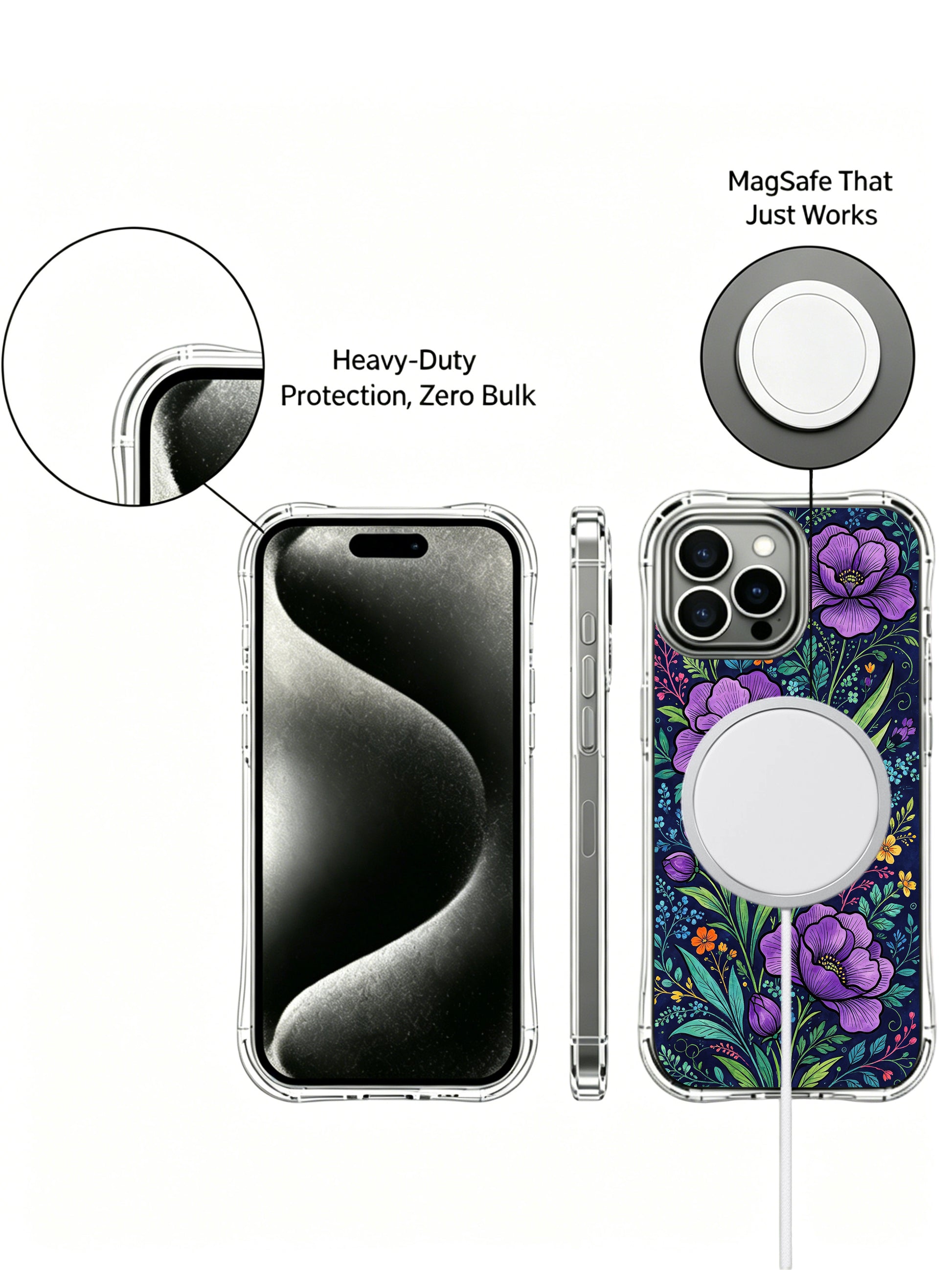 PhoneCasing iPhone 16 Pro Max Case with wild purple bloom art. Peonies and green foliage on a midnight background, premium art phone case.