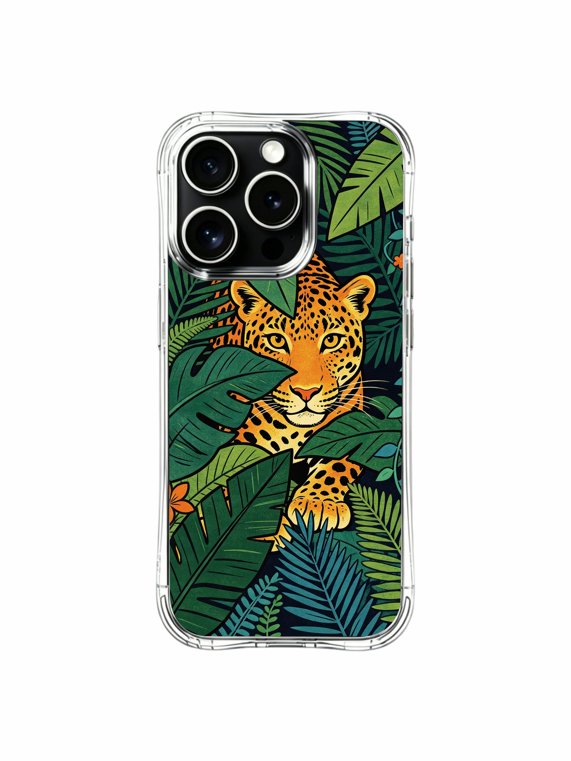 Raw wilderness hideout themed jaguar sheltered under full tropical green canopy iPhone 13 pro Case from PhoneCasing, four-corner cushioned protective iPhone 13 pro casing, high-end collectible explorer botanical phone cover.