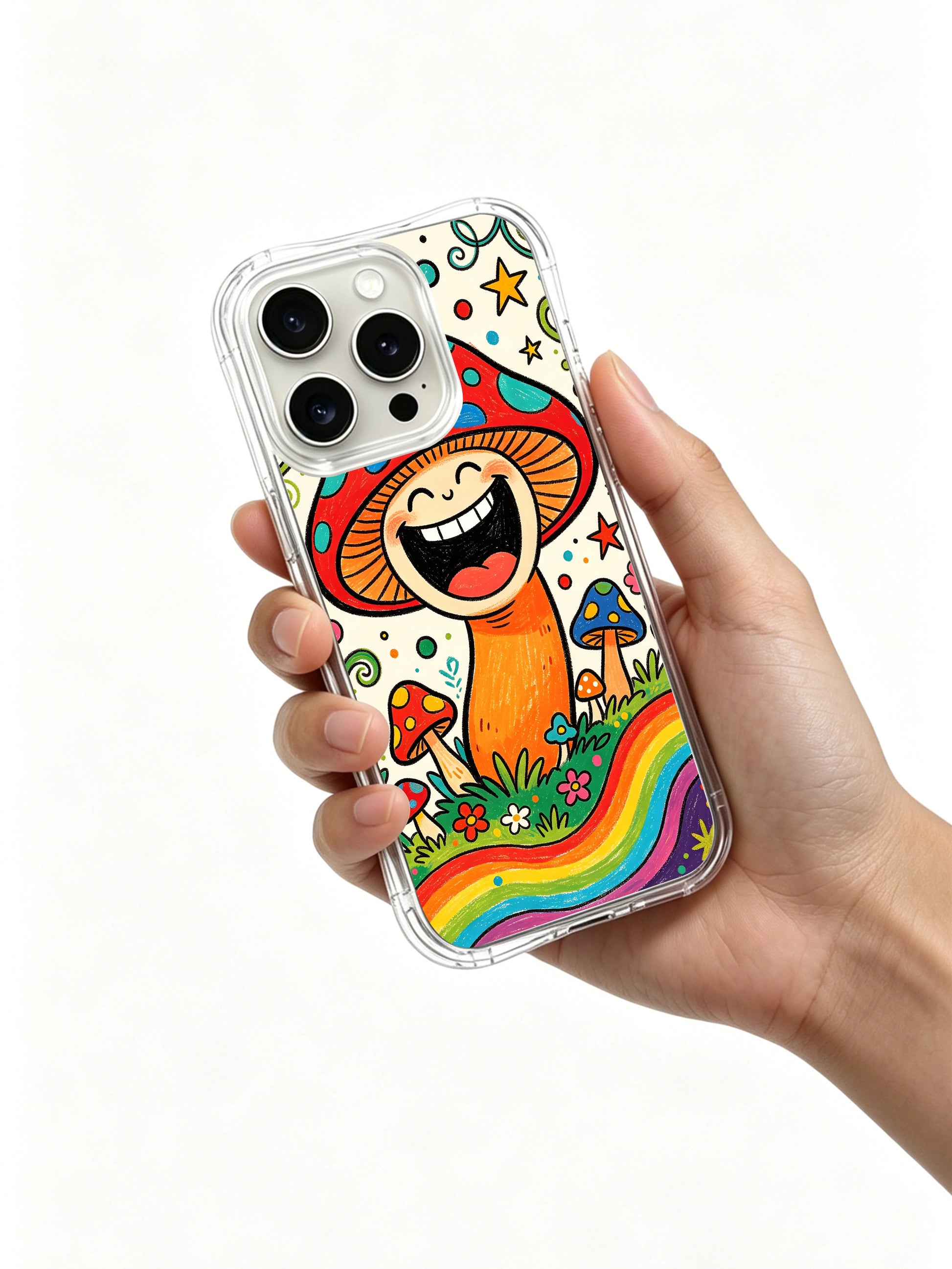 PhoneCasing iPhone 16 pro max Case, woodland wildflower themed art casing designed by Luna Moss, cheerful giant mushroom king surrounded by tiny fungi, premium wearable art made in California