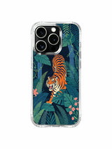 Orange wildflower lanterns illuminating midnight navy leaf palace for confident exploring prowling tiger iPhone 13 pro Case from PhoneCasing, durable anti-fall clear iPhone 13 pro casing, premium curated artist wearable adventure art phone cover.