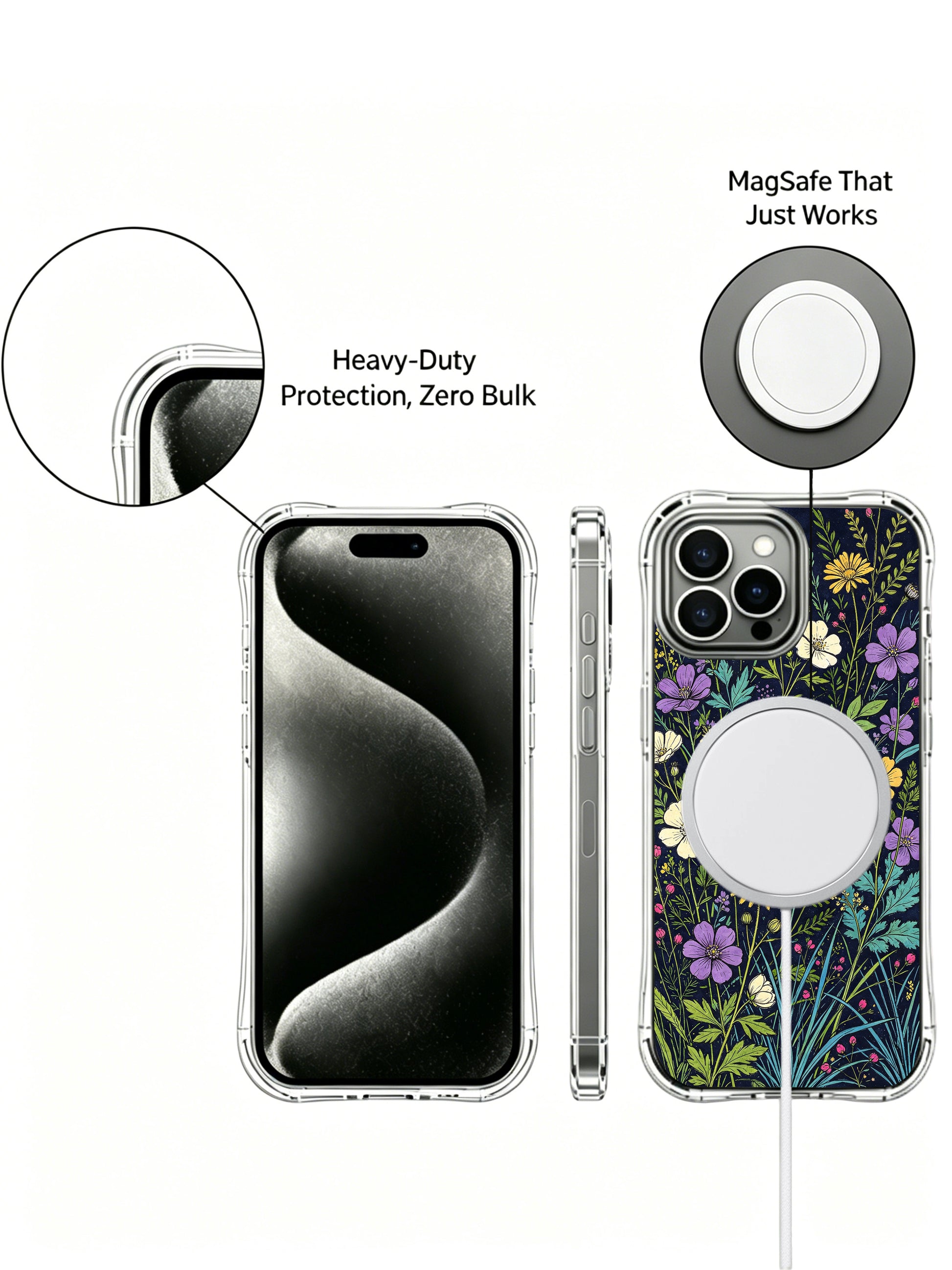 PhoneCasing iPhone 16 Pro Max Case with wildflower night garden art. Meadow blooms in warm hues against a midnight background, premium art phone case.