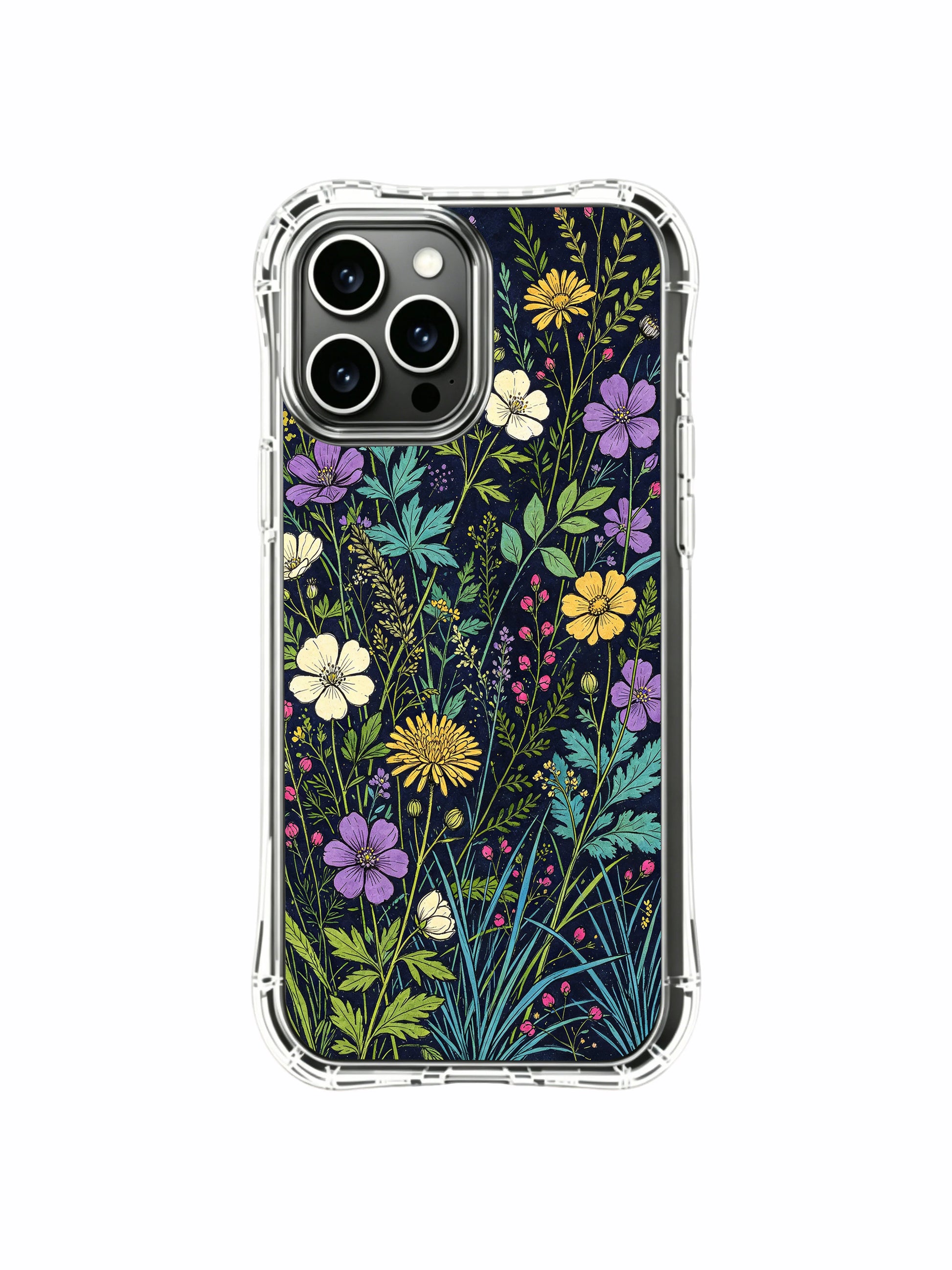 PhoneCasing iPhone 16 Pro Max Case with Wildflower Tapestry Serenity art. Soft meadow blooms on a dark indigo background, illustrated case for art lovers.