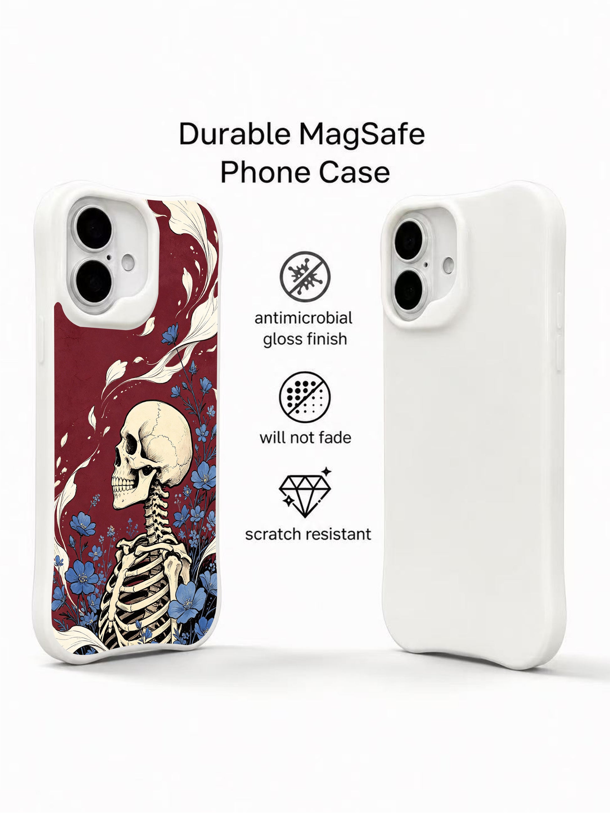 PhoneCasing dark romantic wind floral skeleton iPhone 16 Case, vintage ink drawn ocean-inspired blue wildflower goth design, fade resistant anti-drop protective iPhone 16 cover