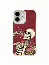 Skeleton with wind-blown flowers and letter motif on an iPhone 16 case