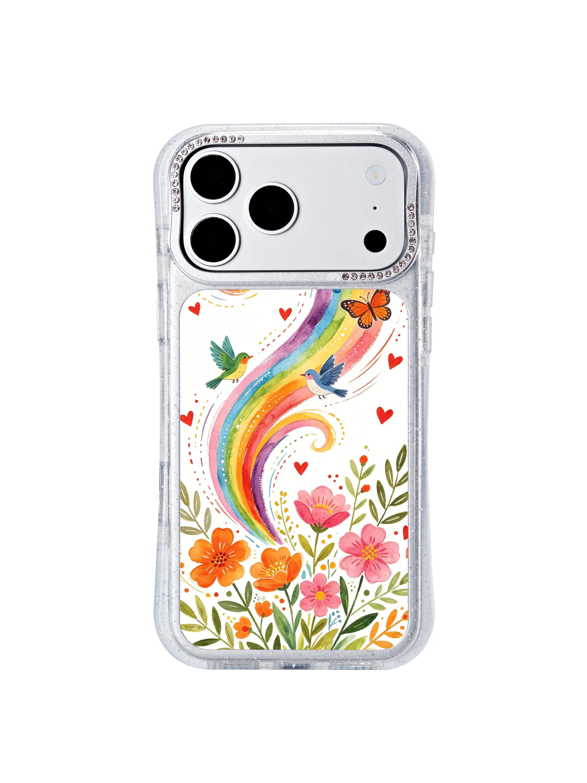 PhoneCasing fully MagSafe compatible iphone 17 pro Max casing, reinforced anti-collision silicone corners, playful dotted wind trails and cottagecore wildlife botanical details.