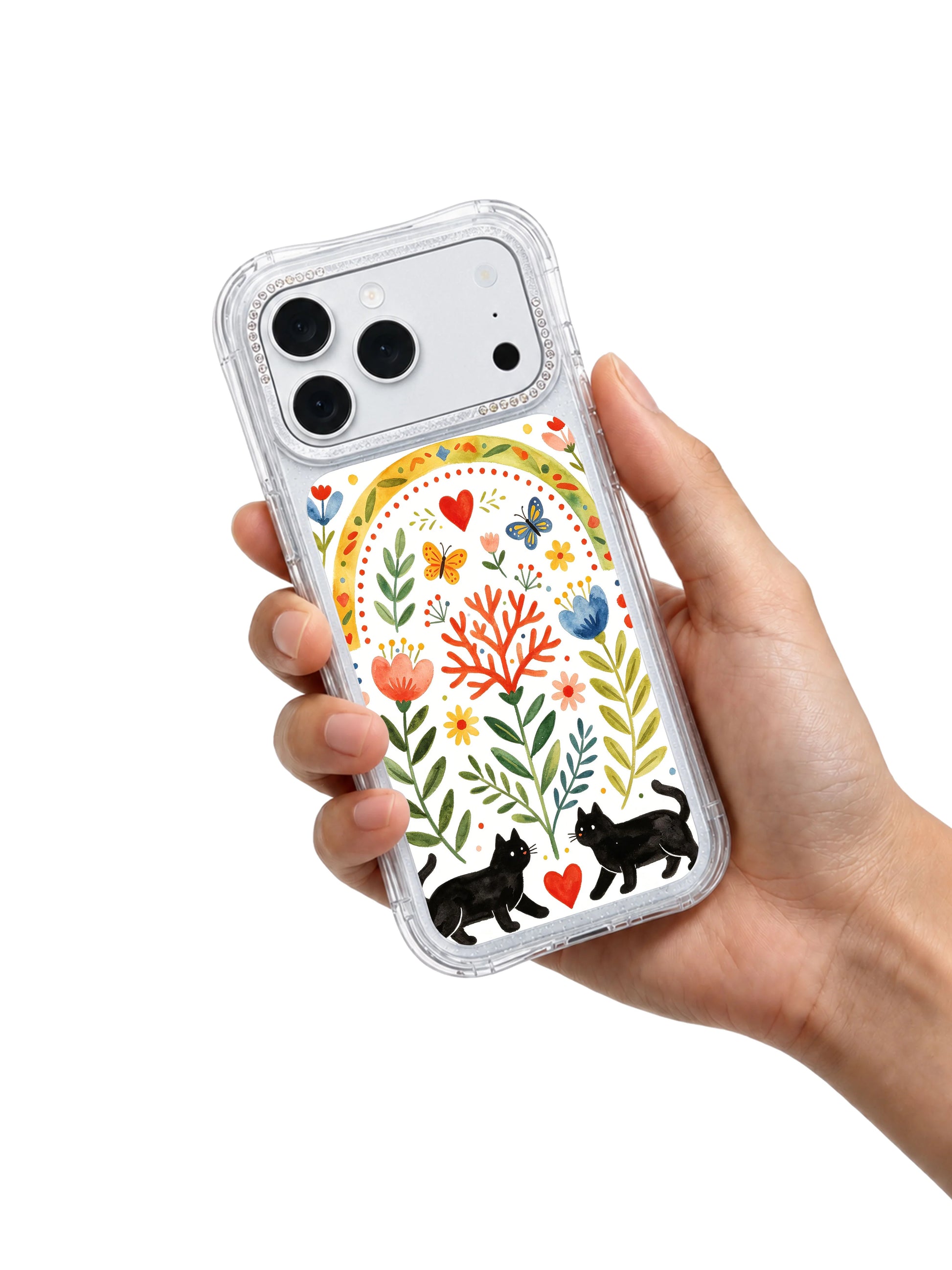 PhoneCasing authentic watercolor texture iphone 17 pro Max case capturing the soft hand-drawn warmth of Aurelia Finch’s rainbow arch journey-themed garden series.