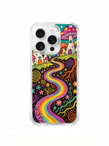 Winding rainbow path to a mushroom home artwork on an iPhone 16 Pro Max case