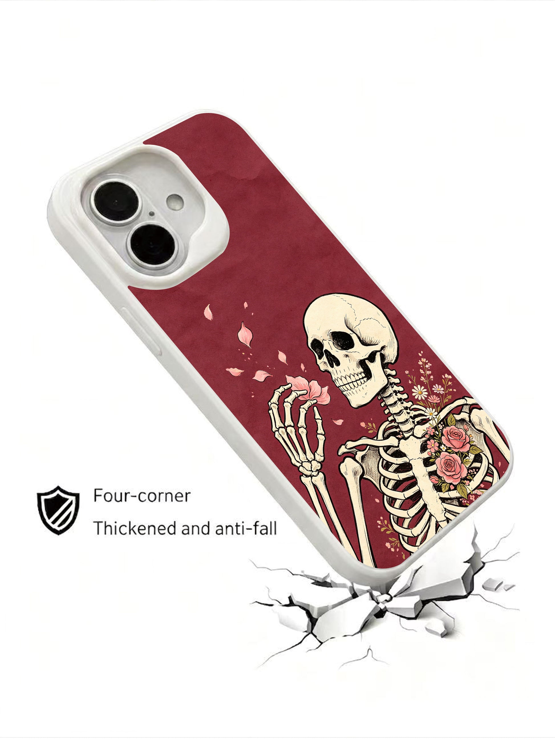 PhoneCasing wine red textured pink petal skeleton iPhone 16 Case, classic American tattoo rose print, stain resistant glossy long-lasting iPhone 16 casing