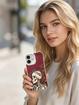 PhoneCasing wine red textured skull blossom iPhone 16 Case, classic American tattoo style forget-me-not wreath print, stain resistant glossy long-lasting iPhone 16 casing
