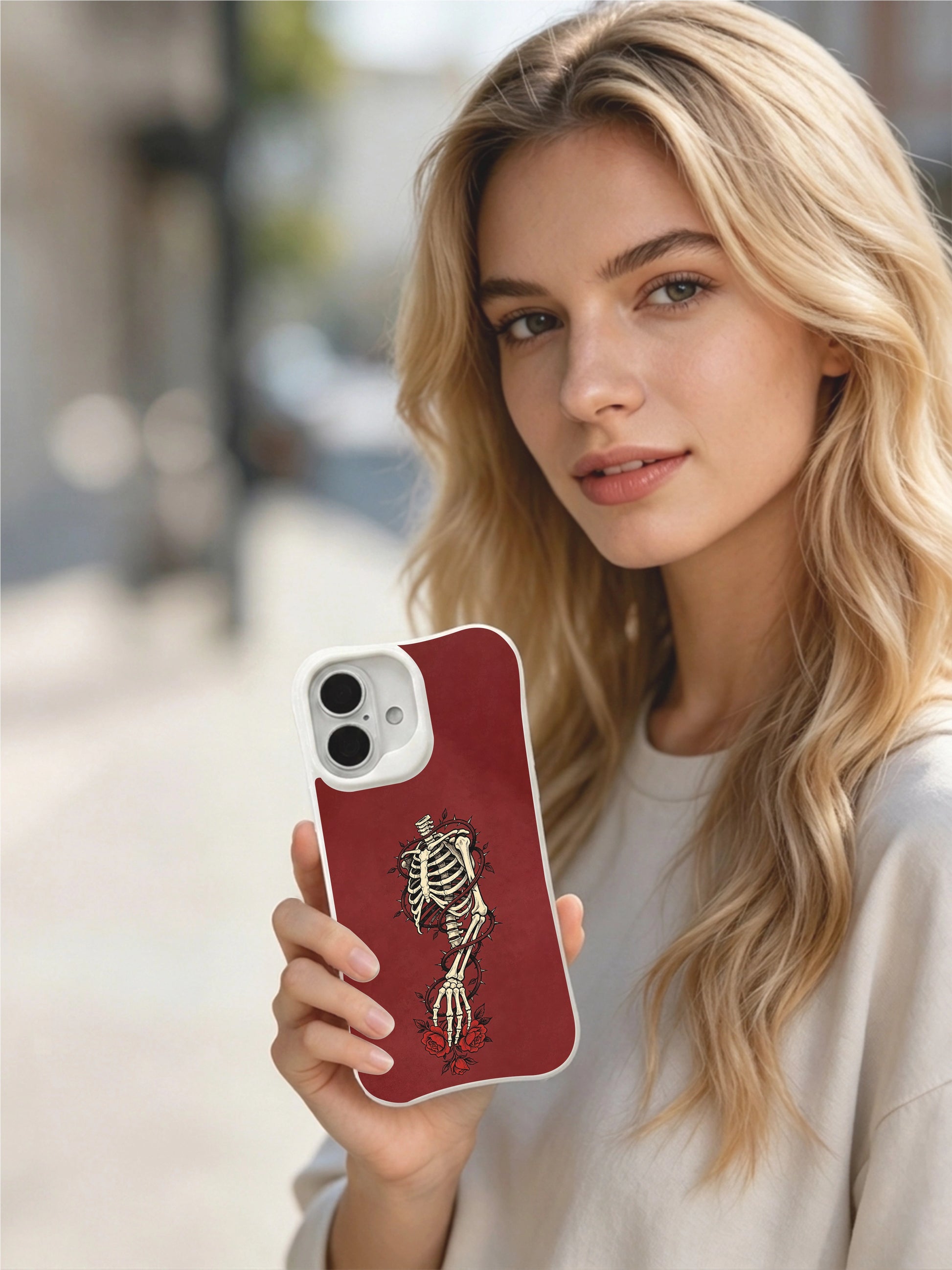 PhoneCasing wine red textured thorn rose skeleton iPhone 16 Case, classic American traditional tattoo print, stain resistant glossy long-lasting iPhone 16 casing