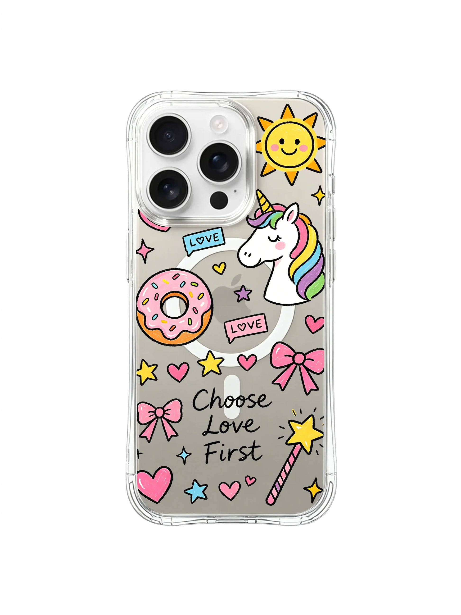 PhoneCasing iPhone 16 pro max gift-ready MagSafe case with winged unicorn, star wands and oversized heart uplifting doodles.