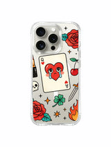 PhoneCasing iPhone 15 pro Case with winking cartoon flame, centered queen heart card, dual four-leaf clovers and blooming roses, luxury gift-ready transparent iPhone 15 pro casing.