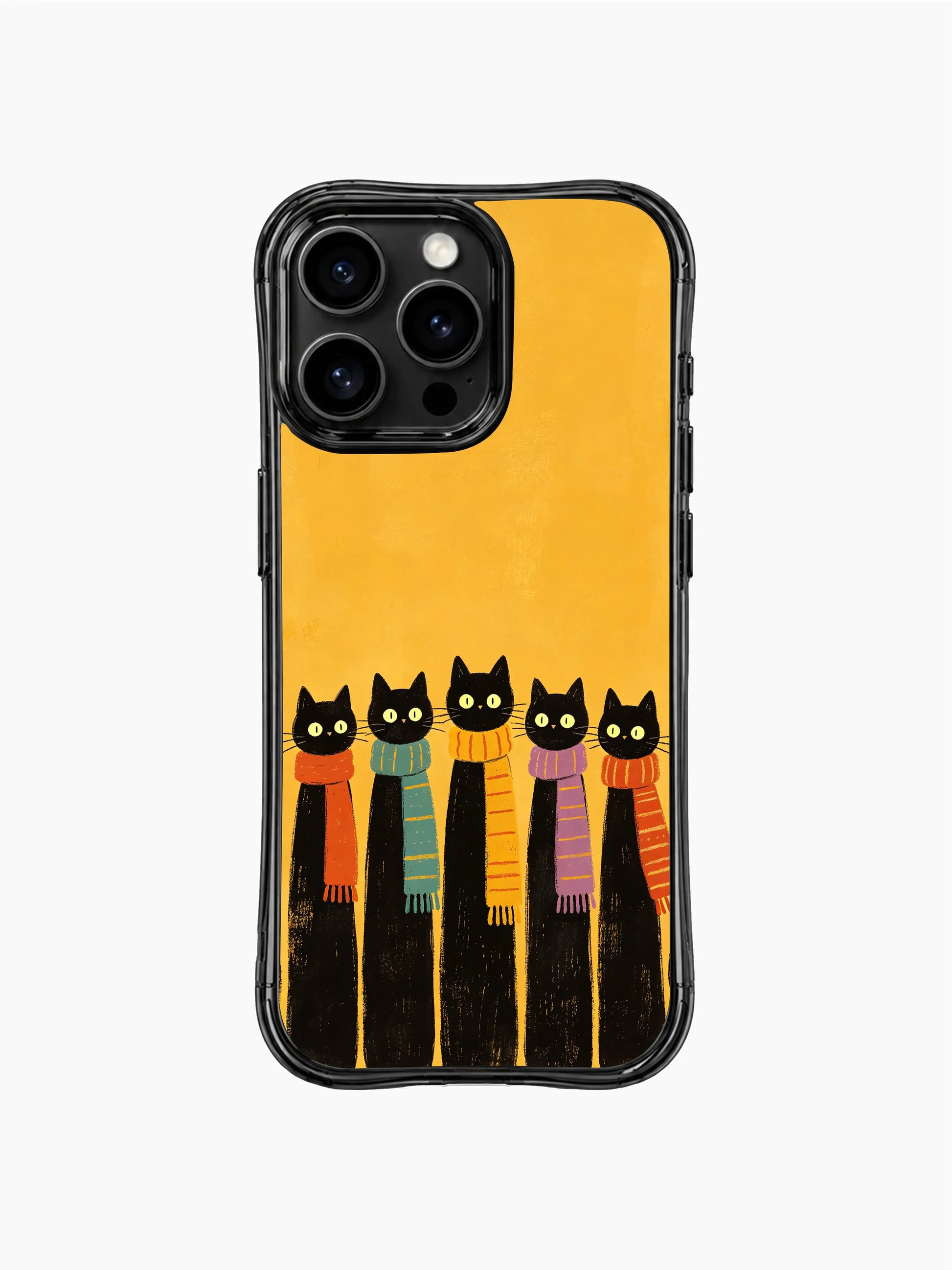 PhoneCasing iPhone 16 Pro Max featuring Winter Firelight Cats, black cats in colorful scarves like a burst of happy warmth on cold days.