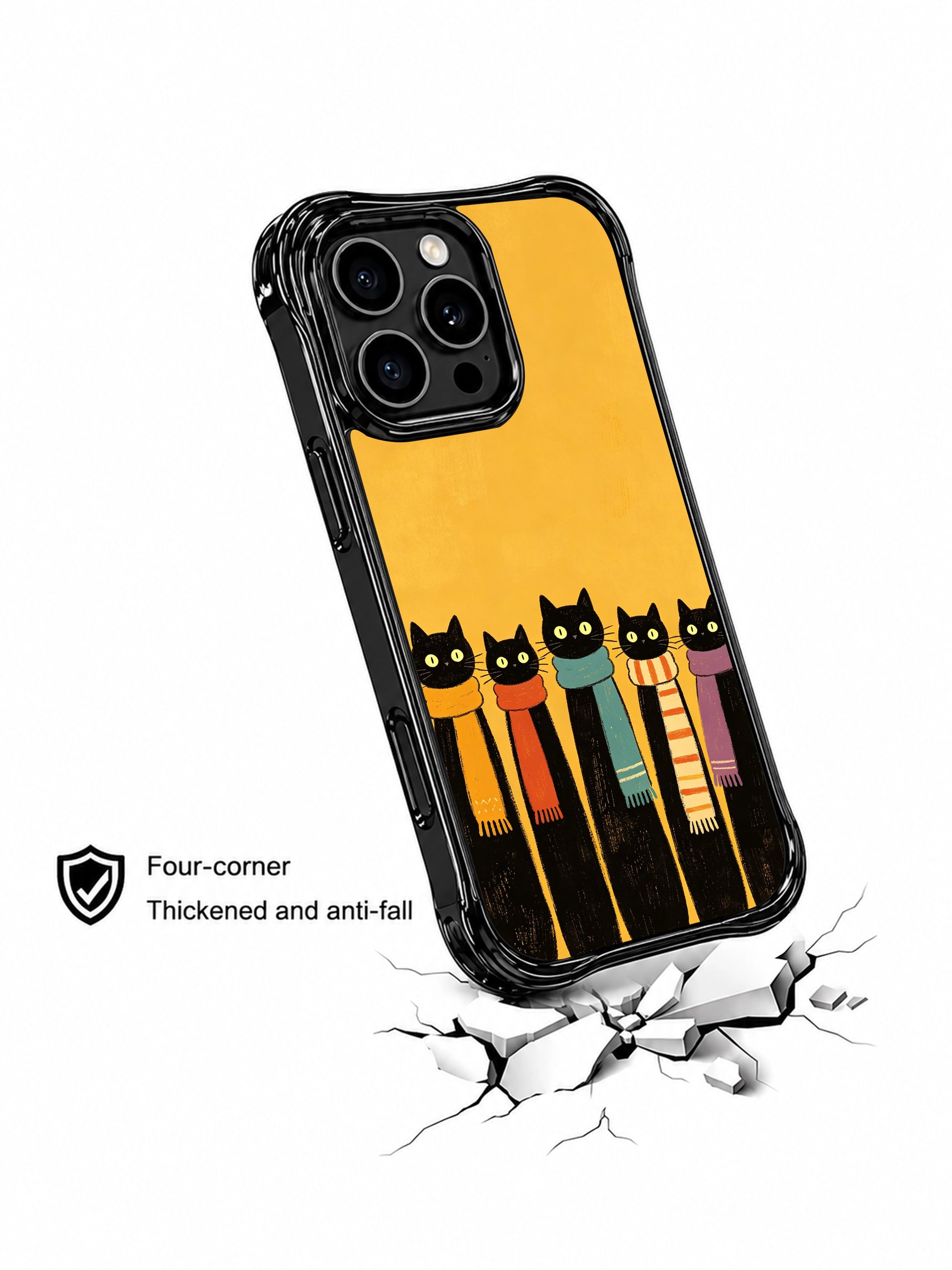 PhoneCasing iPhone 16 Pro Max with Winter Guardian Cats print, serious yet silly black cats in colorful scarves as your daily companions.