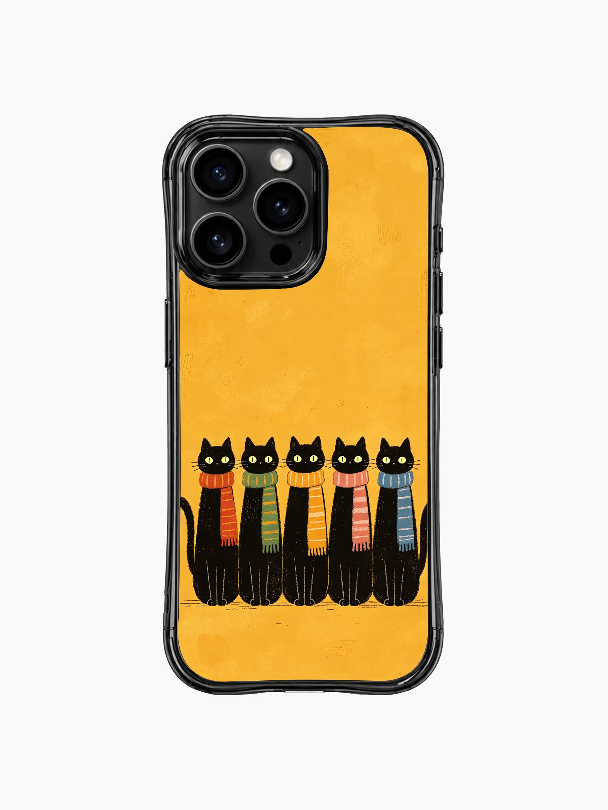 PhoneCasing iPhone 16 Pro Max featuring Winter Scarf Kitty Gang, a whimsical group of black cats in vibrant scarves for cold days