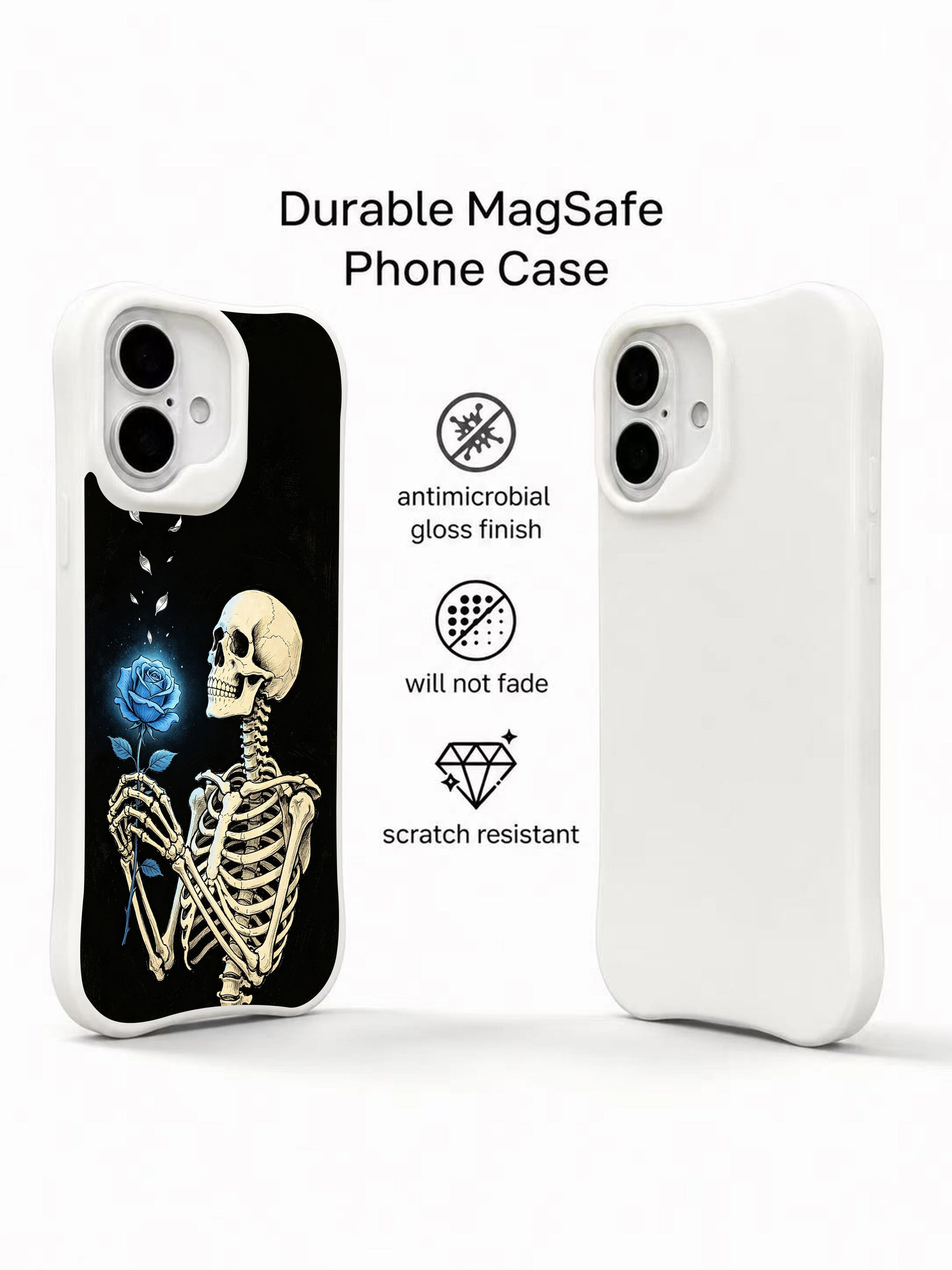 PhoneCasing dark romance wish realize skeleton iPhone 16 Case, vintage ink glowing blue rose goth design, fade resistant anti-drop protective iPhone 16 cover