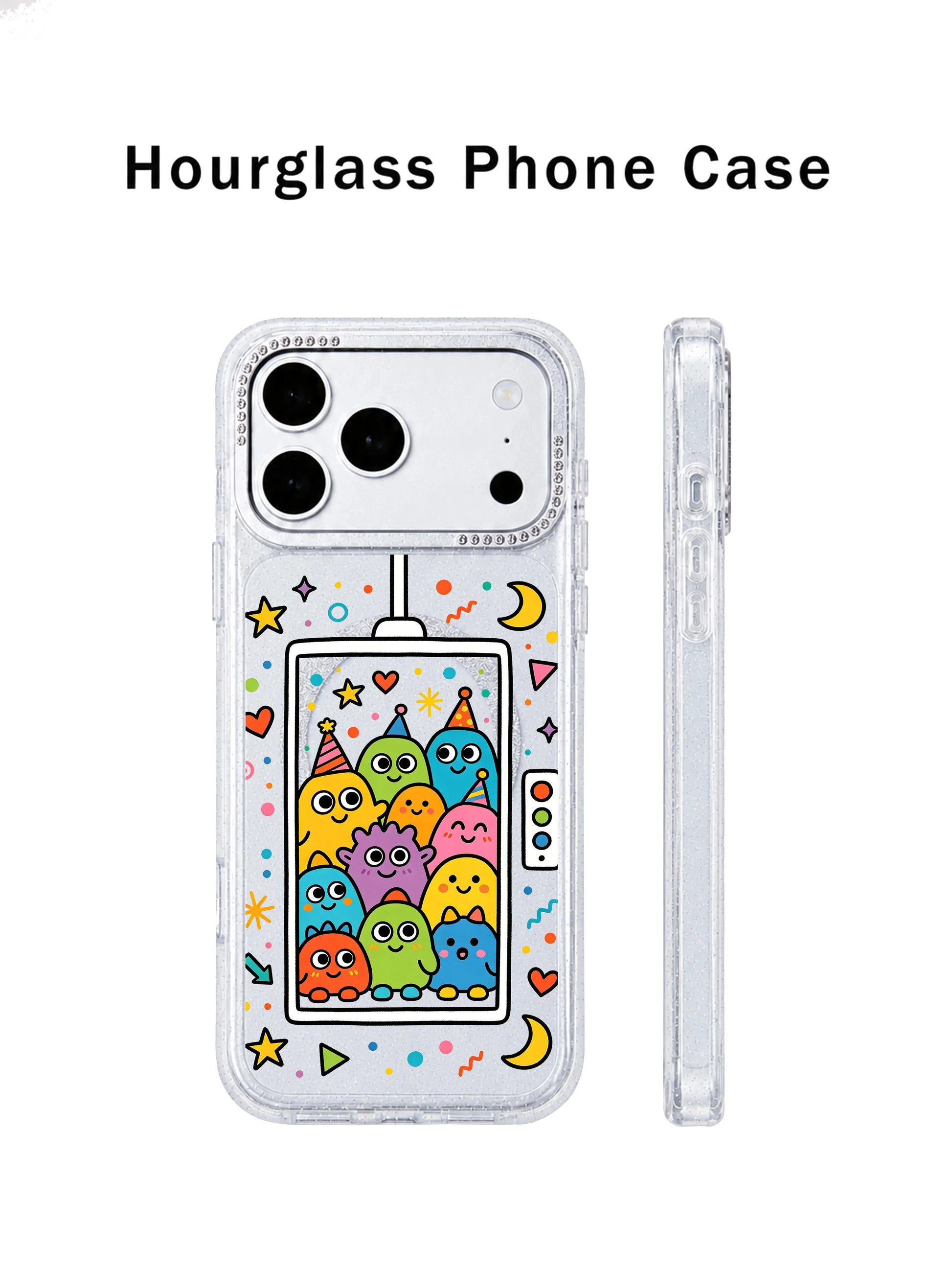 PhoneCasing hourglass three-sided technical render for Wishful Dream Elevator iPhone 17 Pro Max case, displaying front elevator monster artwork, sparkly glitter silicone bumper and crystal rhinestone camera trim for iPhone 17 Pro Max casing detail page