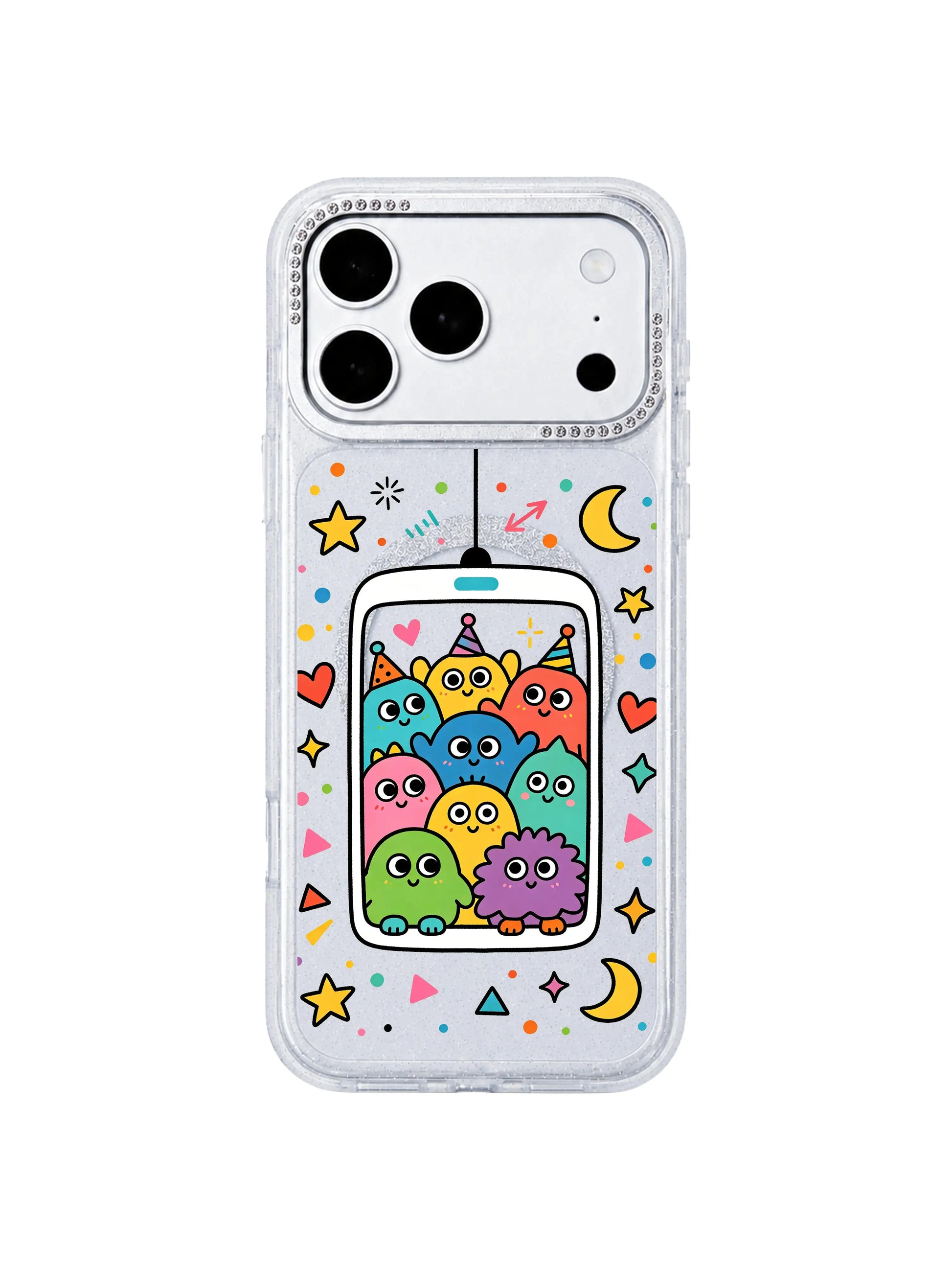 PhoneCasing character macro shot of the wishful little monster crew riding the imagination lift from the fantasy dream series on Wishful Ride Elevator iPhone 17 Pro Max case, Milo Popkins signature gentle doodle aesthetic on the iPhone 17 Pro Max casing