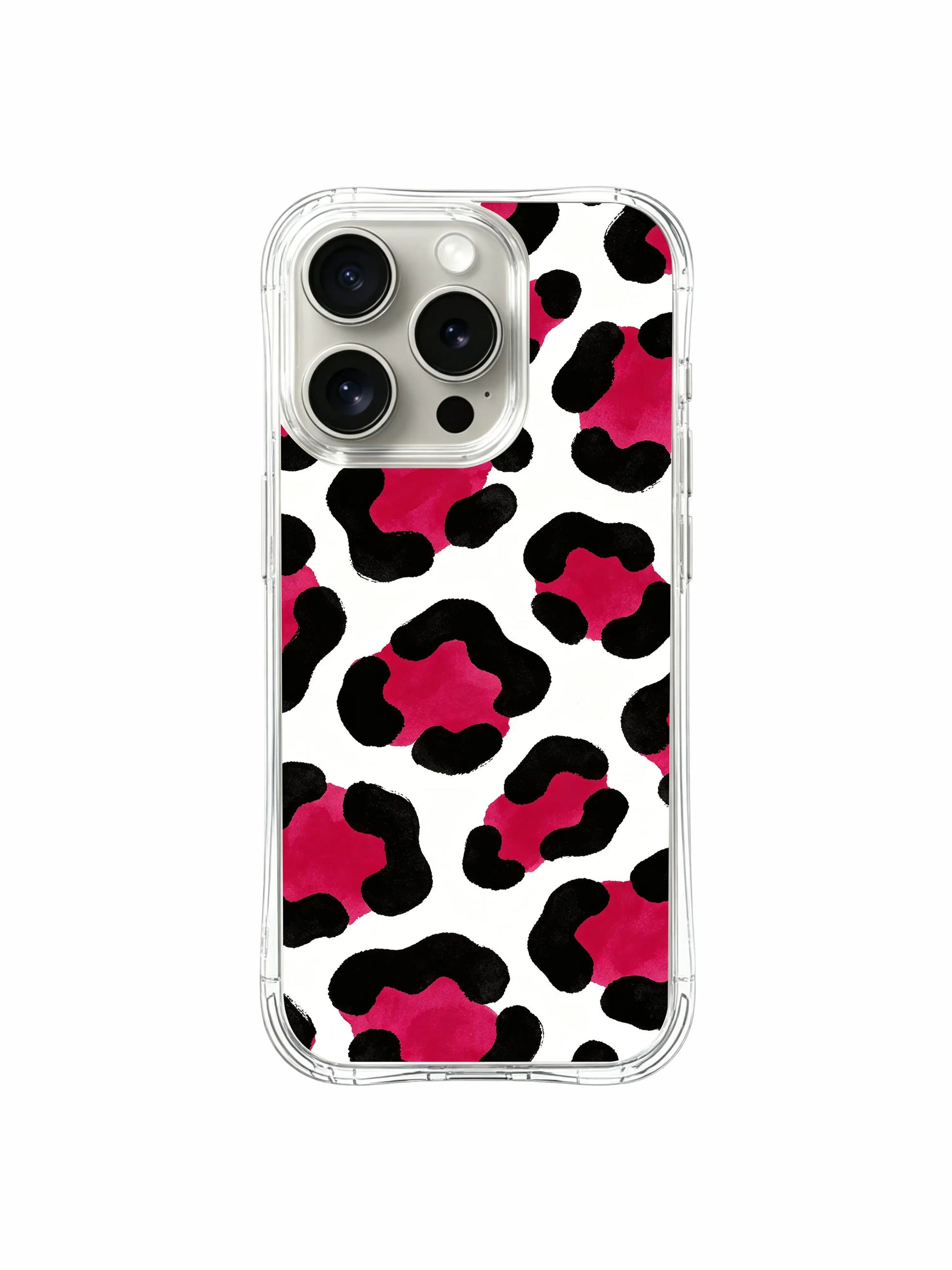Women’s fearless confident self-expression statement iPhone 14 Pro Case by PhoneCasing, crisp pure white base paired with textured hand-drawn black leopard borders and juicy watercolor pink inner speckles