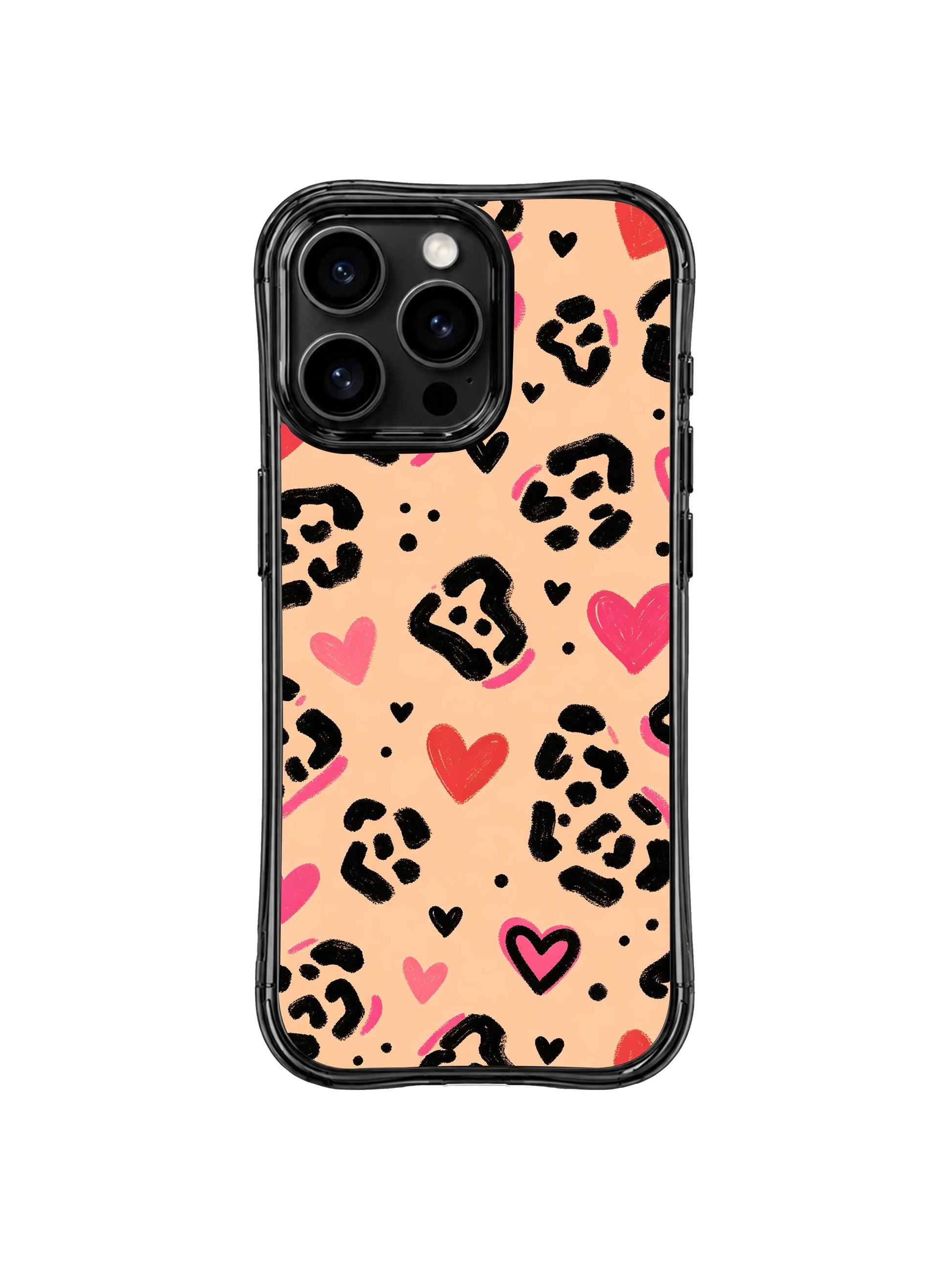 Women’s fun unapologetic self-expression statement iPhone 14 Pro Case by PhoneCasing, warm peach cream neutral base paired with hand-drawn black leopard spots and multi-shade pink-red hearts