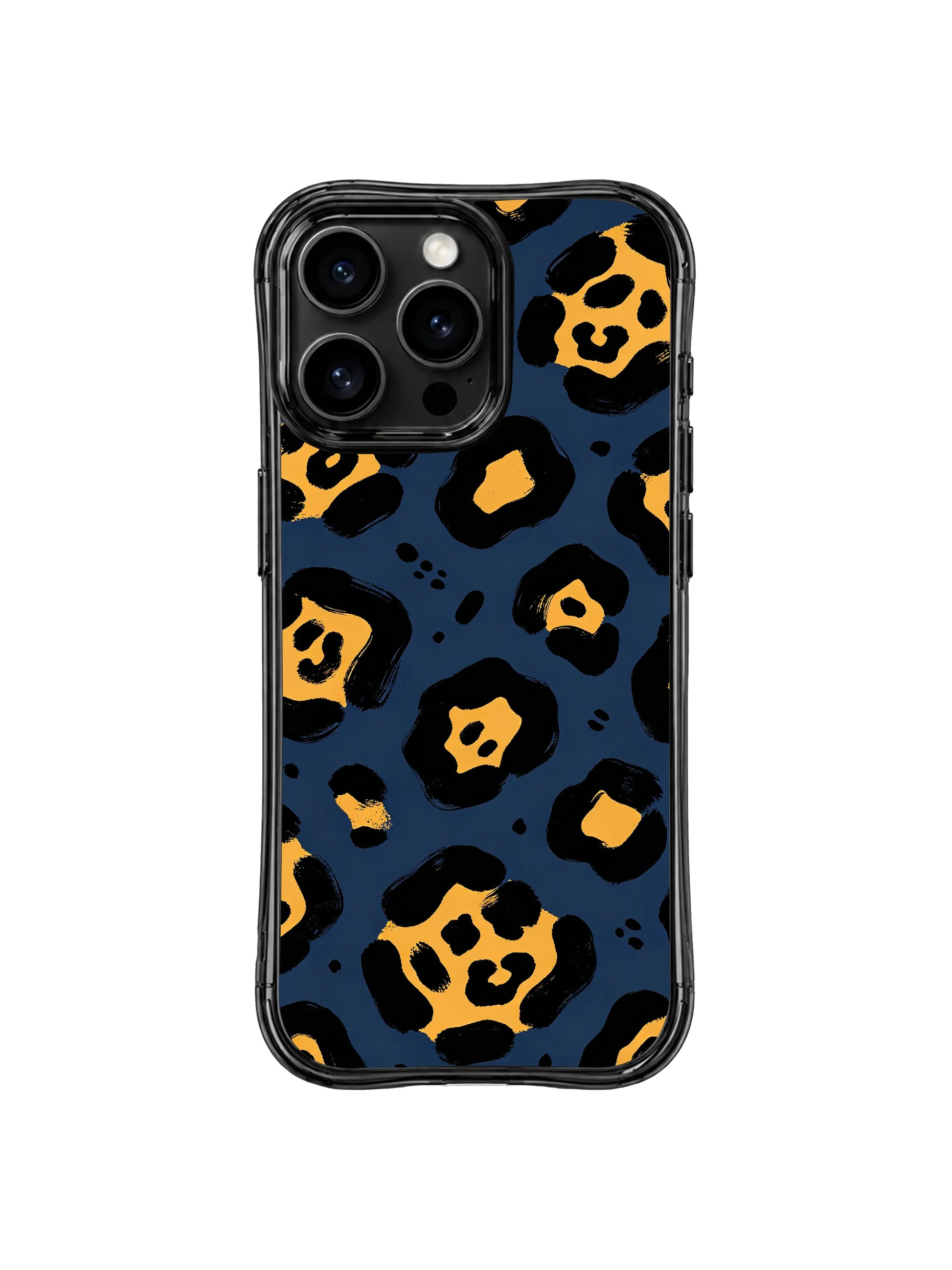 Women’s luxury edgy sophisticated iPhone 14 Pro Case by PhoneCasing, deep midnight navy base paired with textured black and shimmer golden hand-painted leopard rosettes