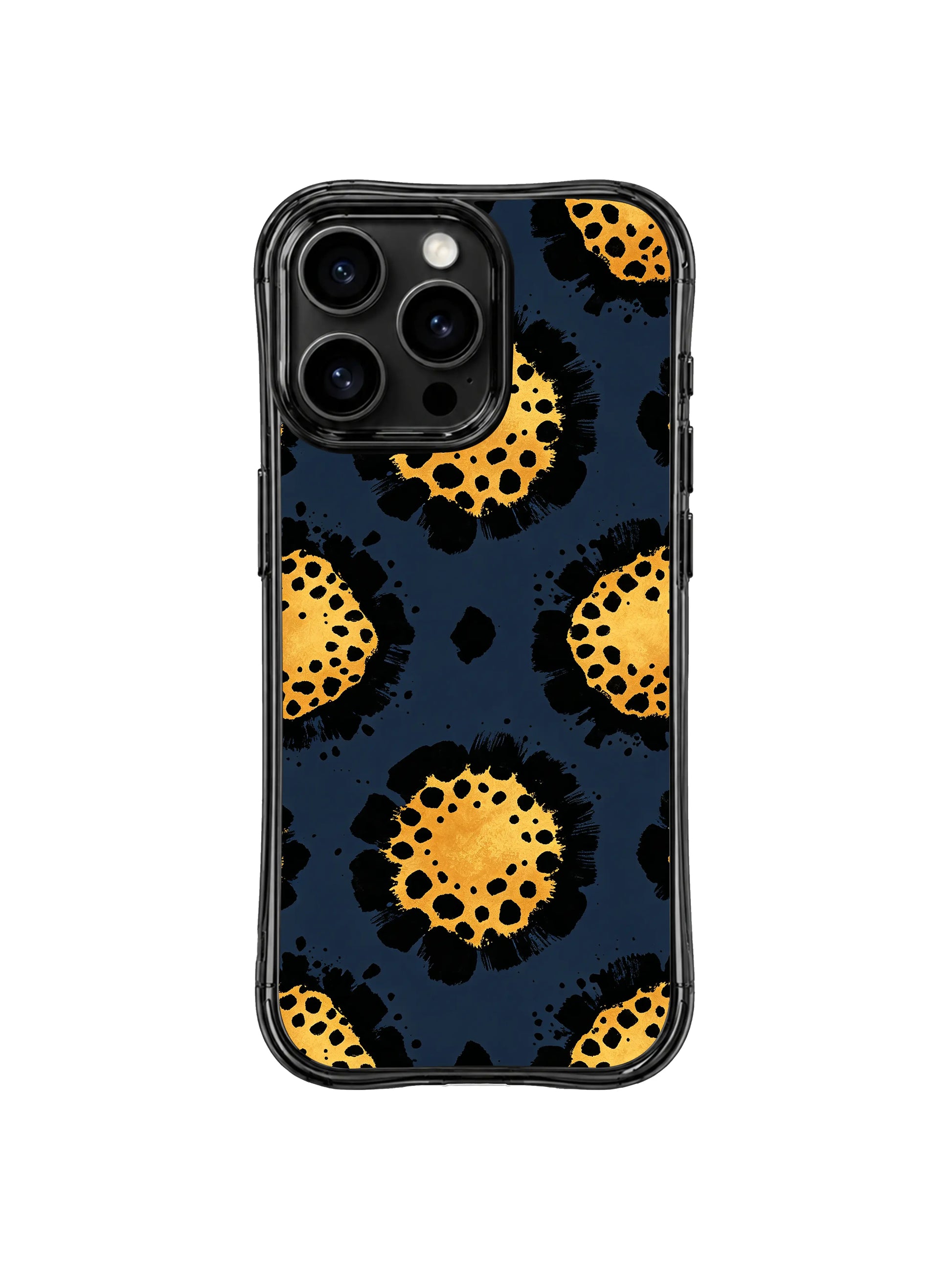 Women’s quiet powerful self-expression statement iPhone 14 Pro Case by PhoneCasing, rich watercolor midnight navy base paired with textured hand-drawn black leopard borders and shimmer metallic gold inner speckles
