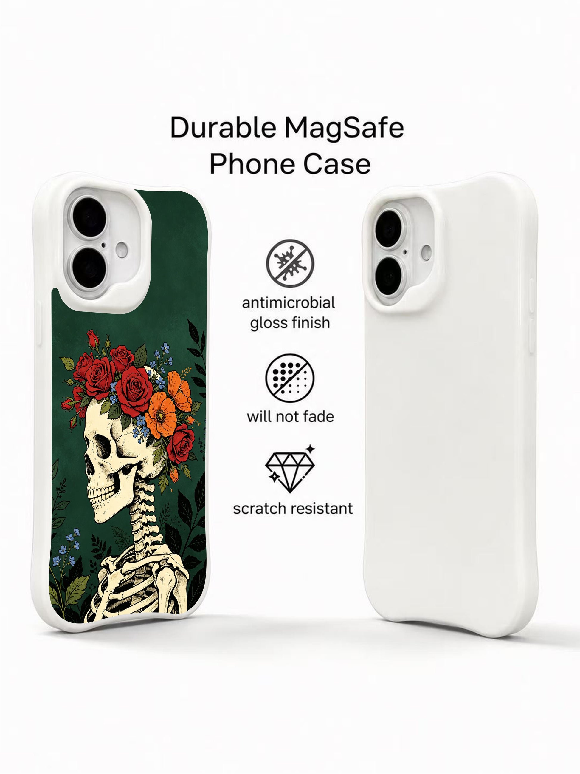 PhoneCasing dark romance forest rebirth skeleton iPhone 16 Case, vintage botanical crown floral goth design, fade resistant anti-drop protective iPhone 16 cover